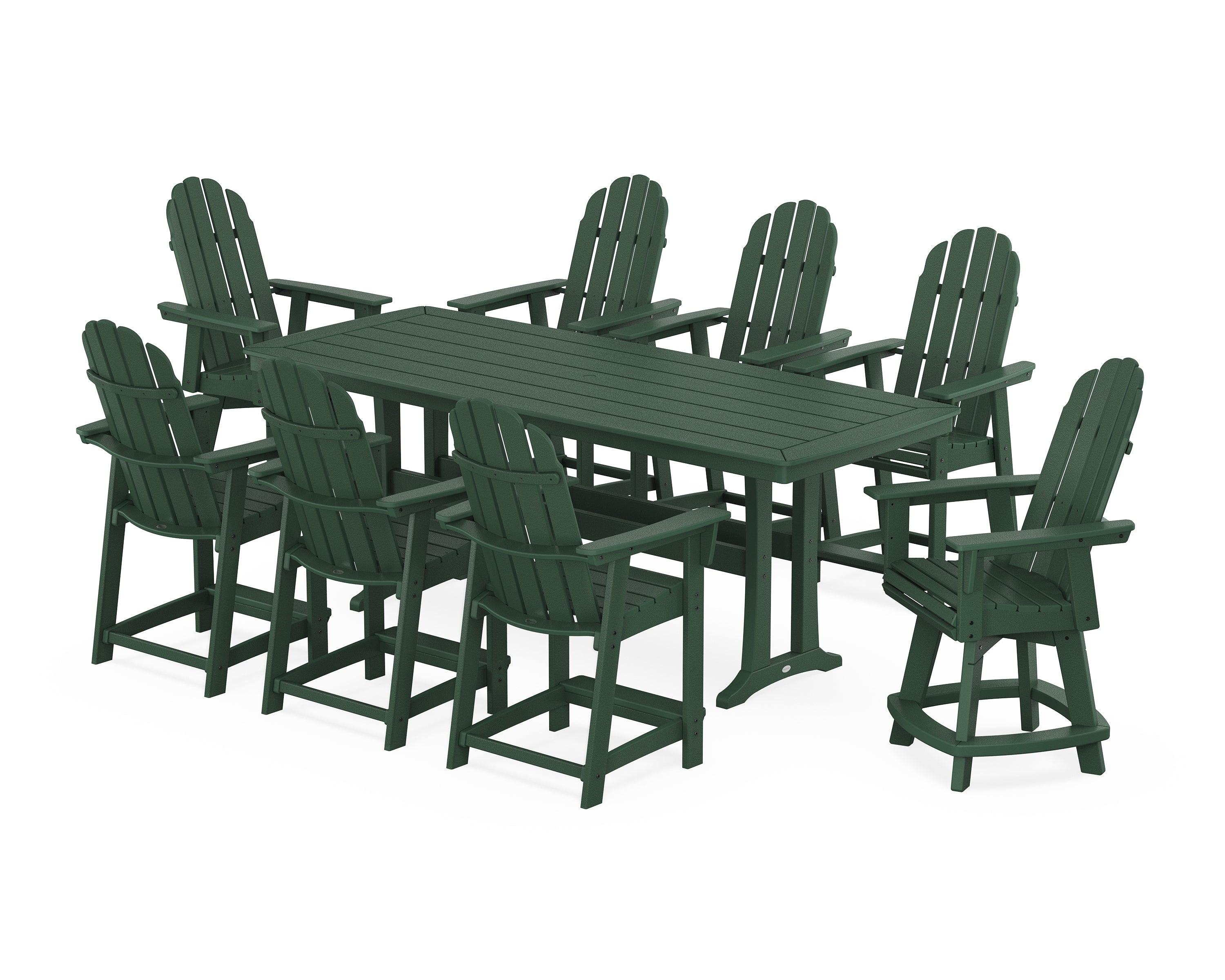 POLYWOOD® Vineyard Curveback Adirondack Swivel 9-Piece Counter Set with Trestle Legs in Green