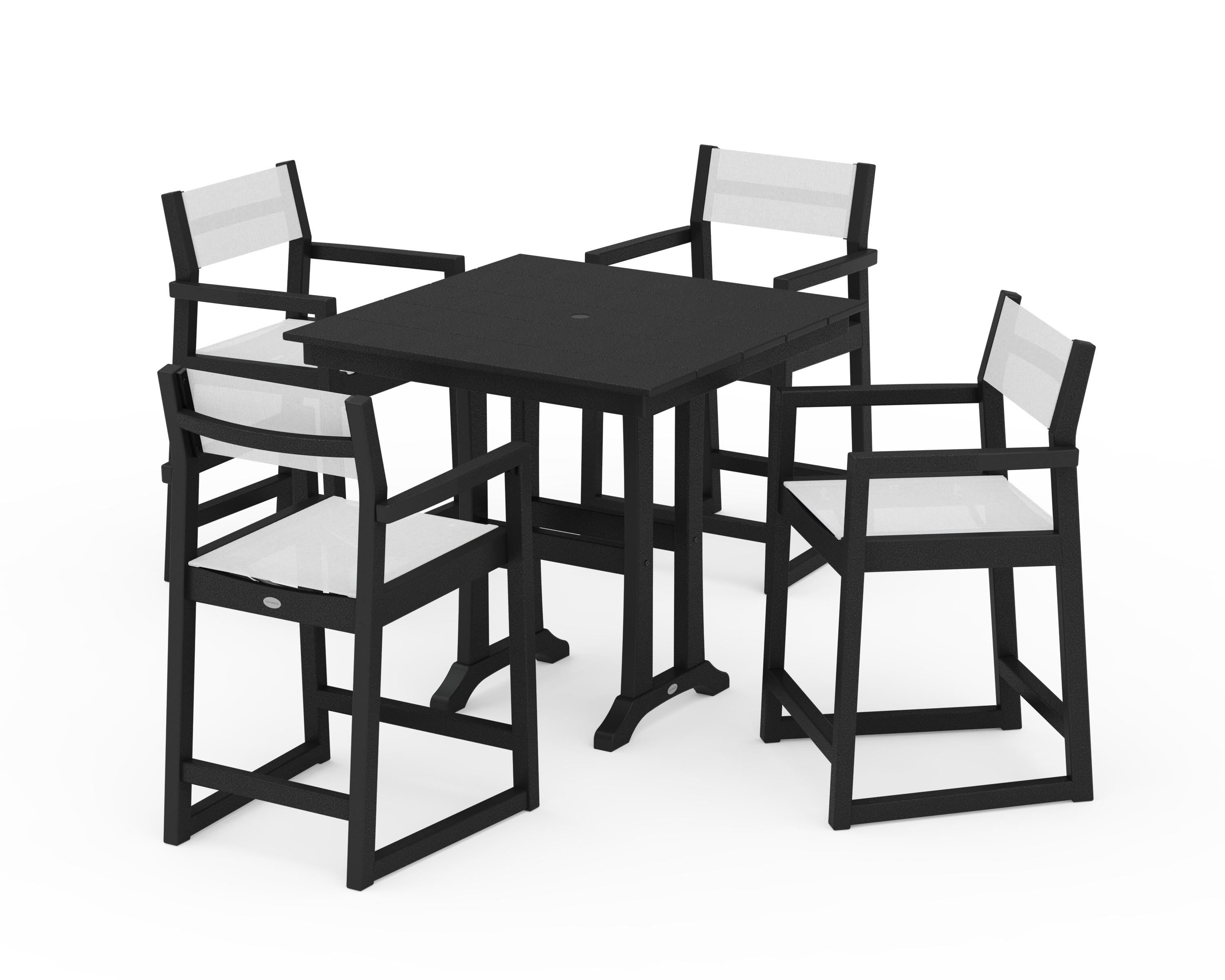 POLYWOOD EDGE Sling Arm Chair 5-Piece Farmhouse Counter Set with Trestle Legs in Black / White Sling