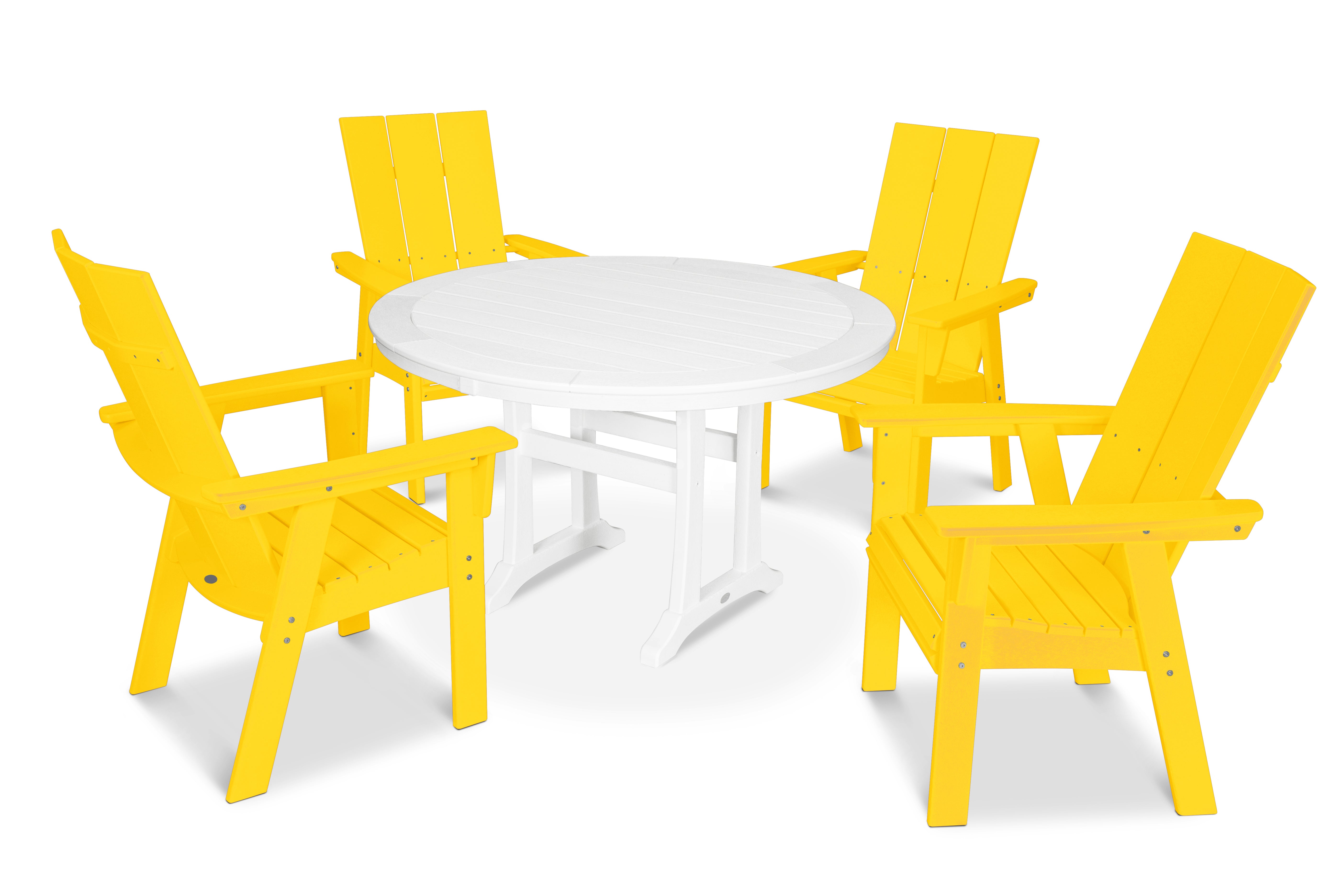 POLYWOOD® Modern Curveback Adirondack 5-Piece Nautical Trestle Dining Set in Lemon / White