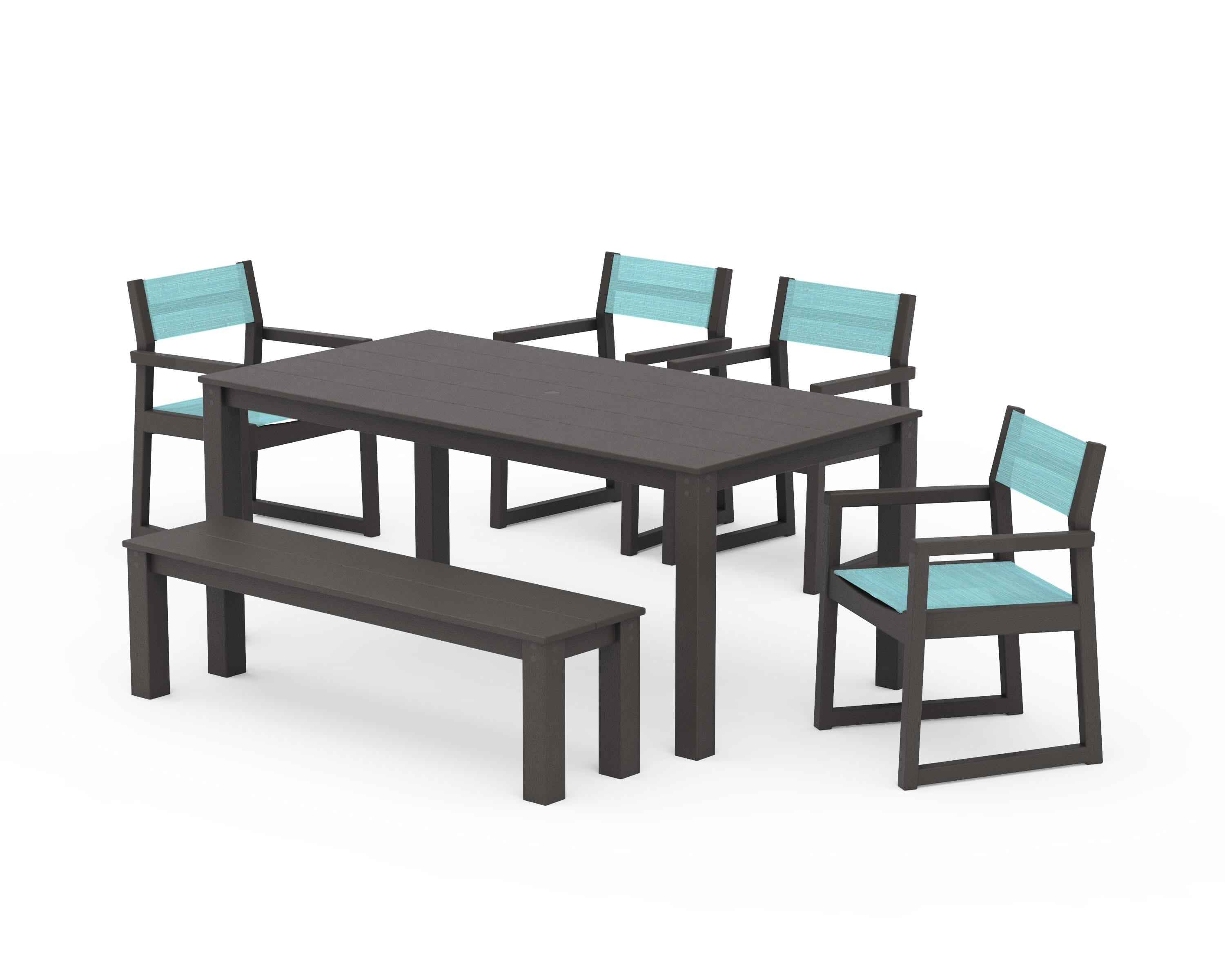 POLYWOOD EDGE Sling Arm Chair 6-Piece Parsons Dining Set with Bench in Vintage Coffee / Dupioni Aquamarine Sling