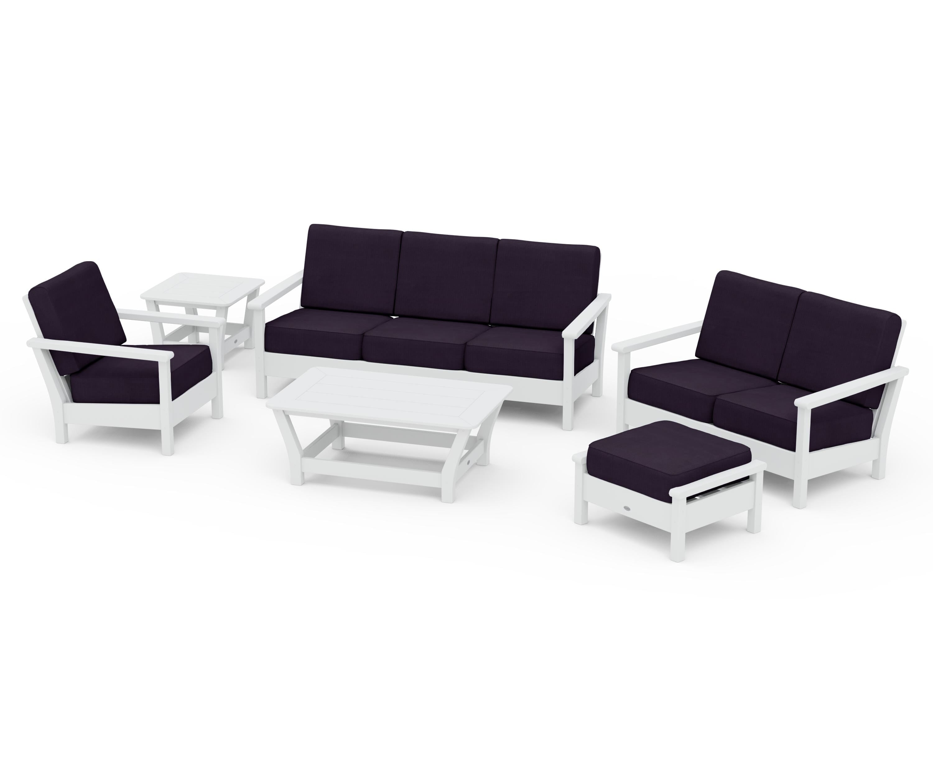 POLYWOOD Harbour 6-Piece Outdoor Living Set in White / Navy Linen