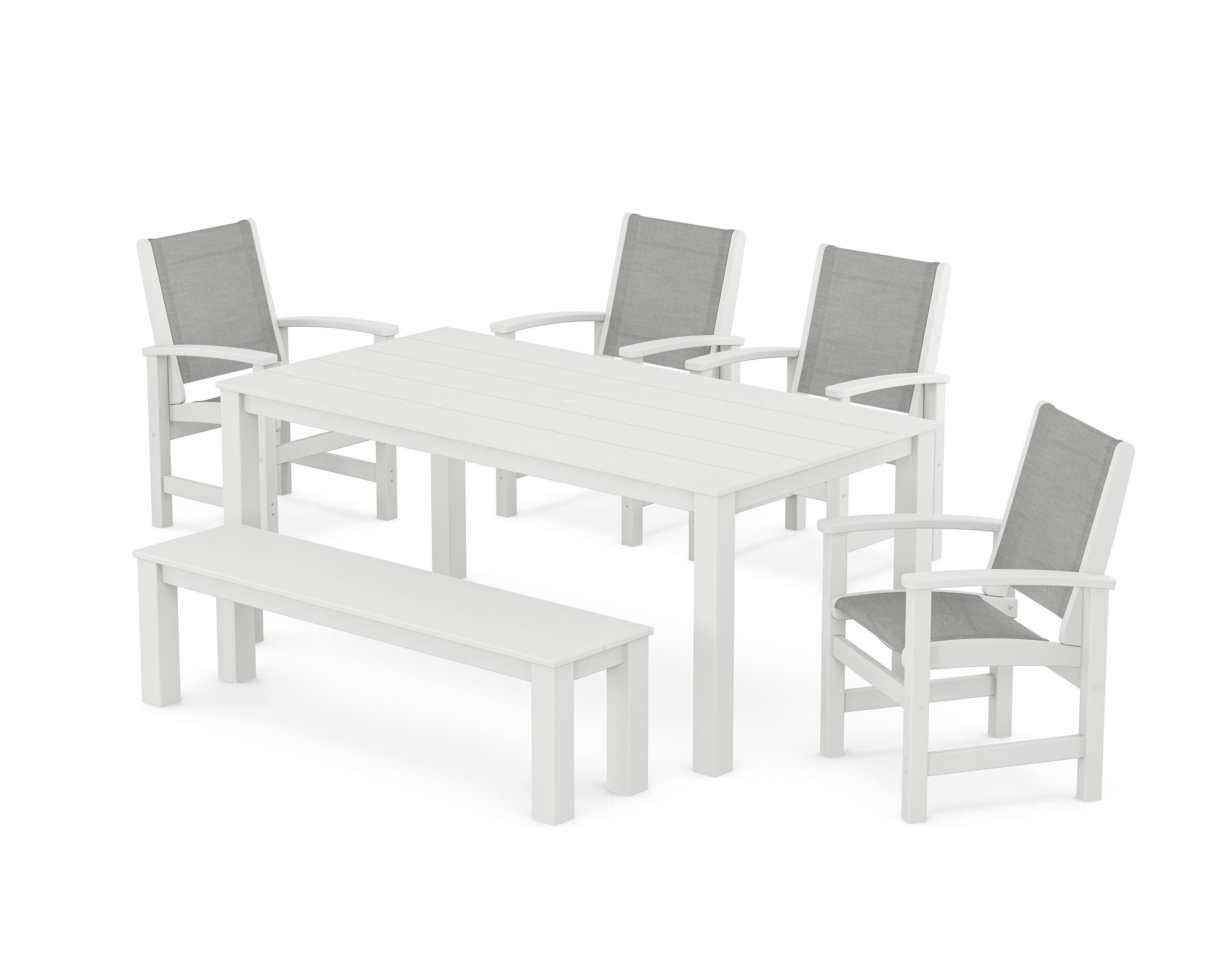 POLYWOOD Coastal 6-Piece Parsons Dining Set with Bench in White / Metallic Sling