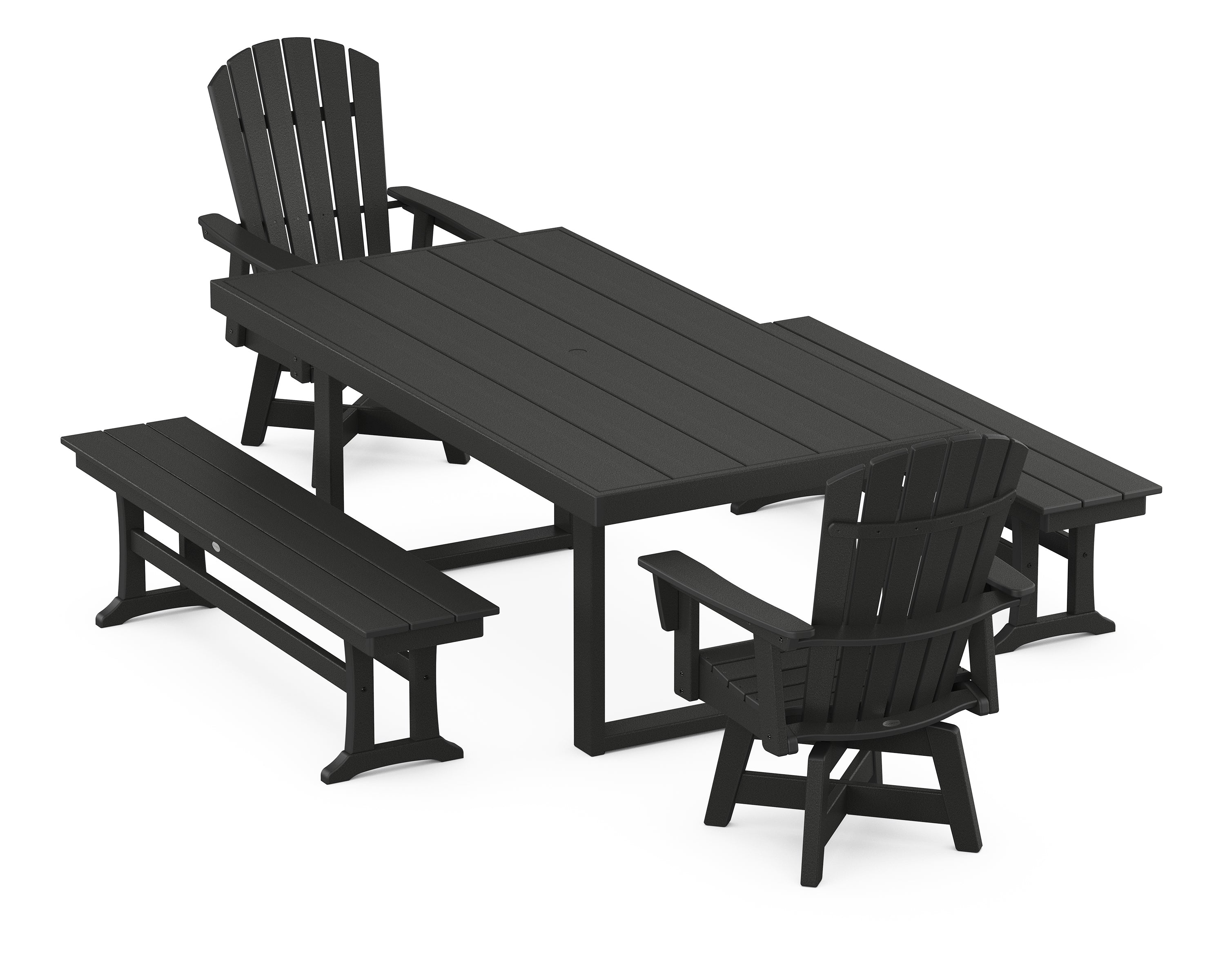 POLYWOOD® Nautical Curveback Adirondack Swivel Chair 5-Piece Dining Set with Benches in Black