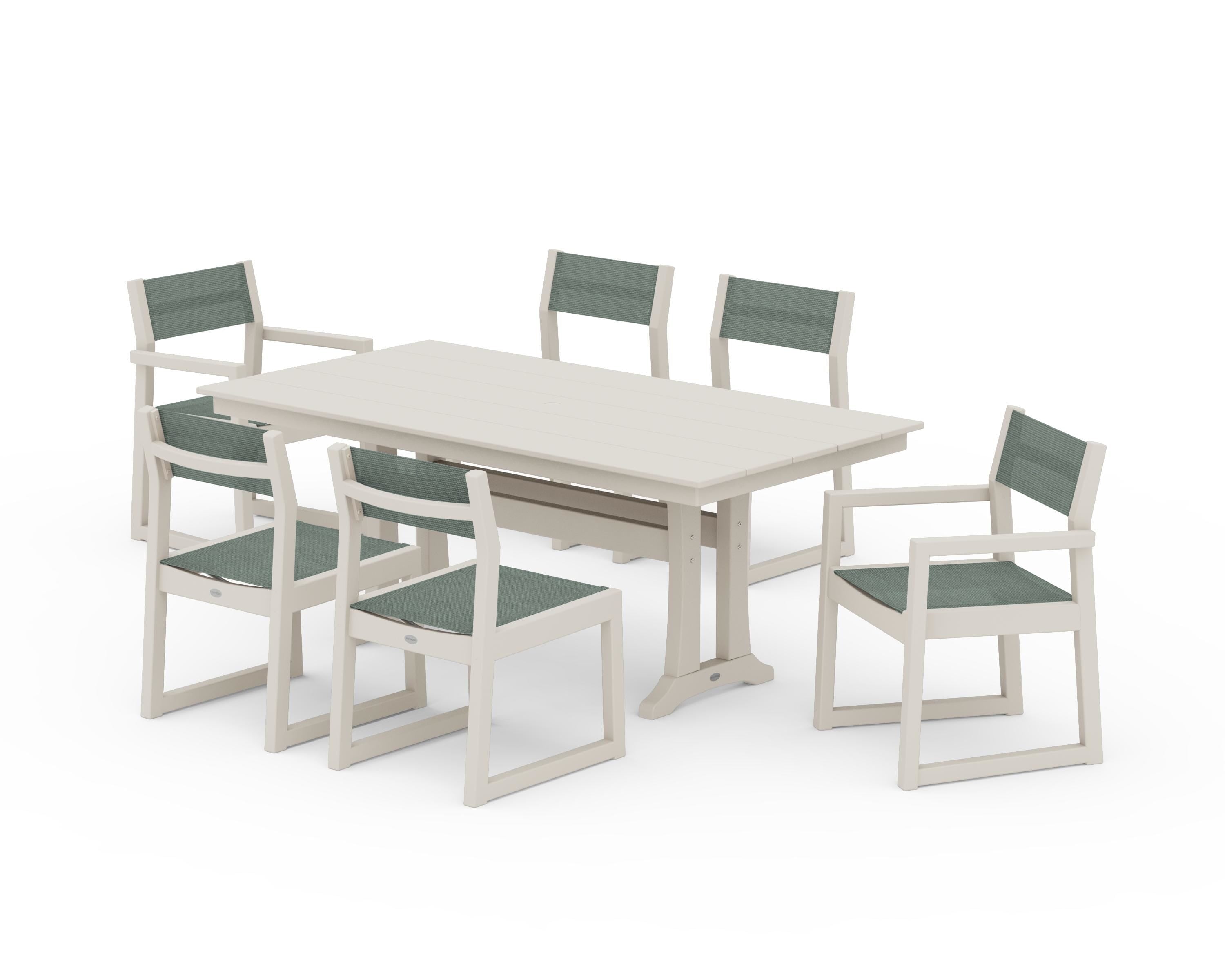 POLYWOOD EDGE Sling 7-Piece Farmhouse Trestle Dining Set in Sand / Dupioni Sea Mist Sling