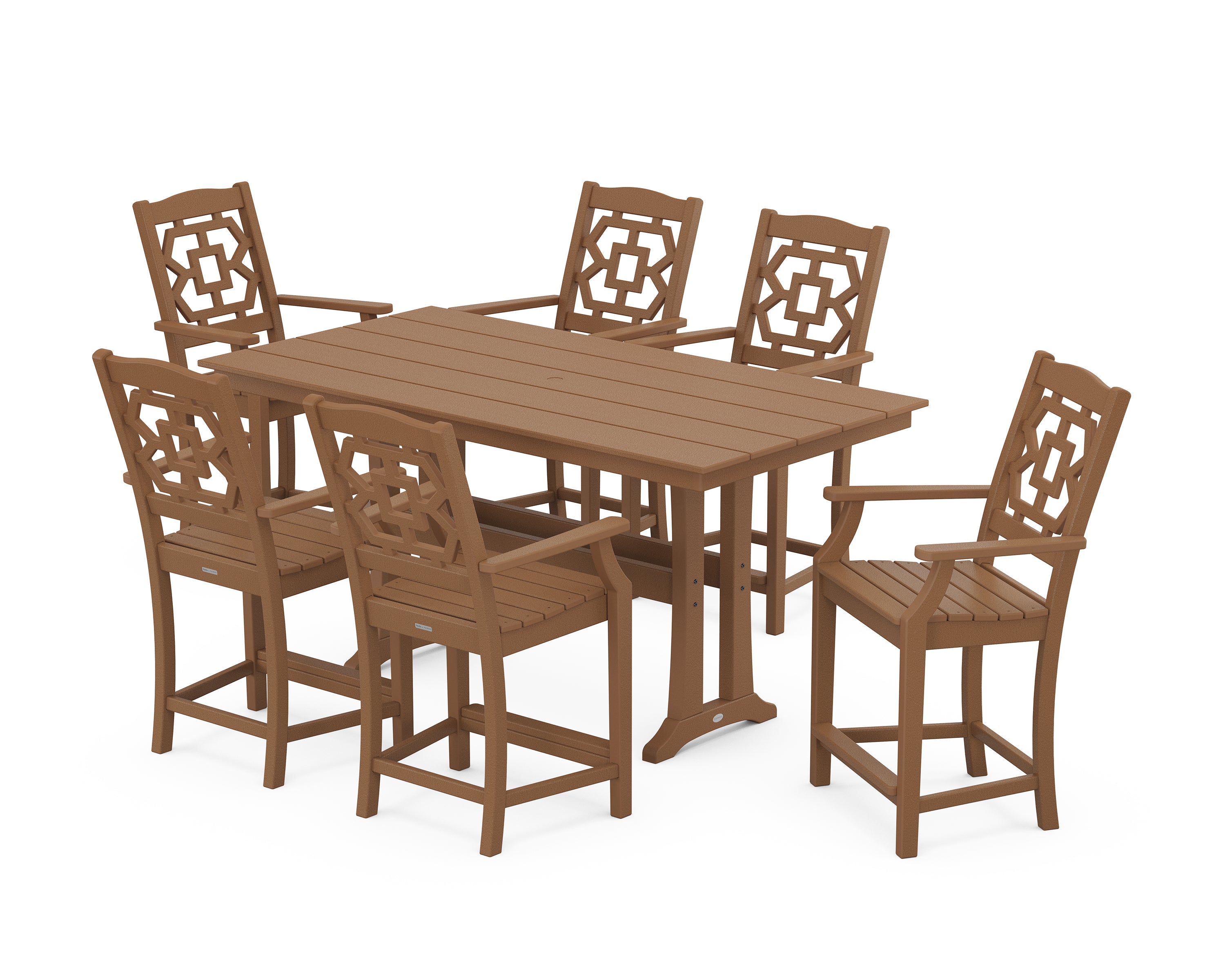 Martha Stewart by POLYWOOD® Chinoiserie Arm Chair 7-Piece Farmhouse Counter Set with Trestle Legs in Teak