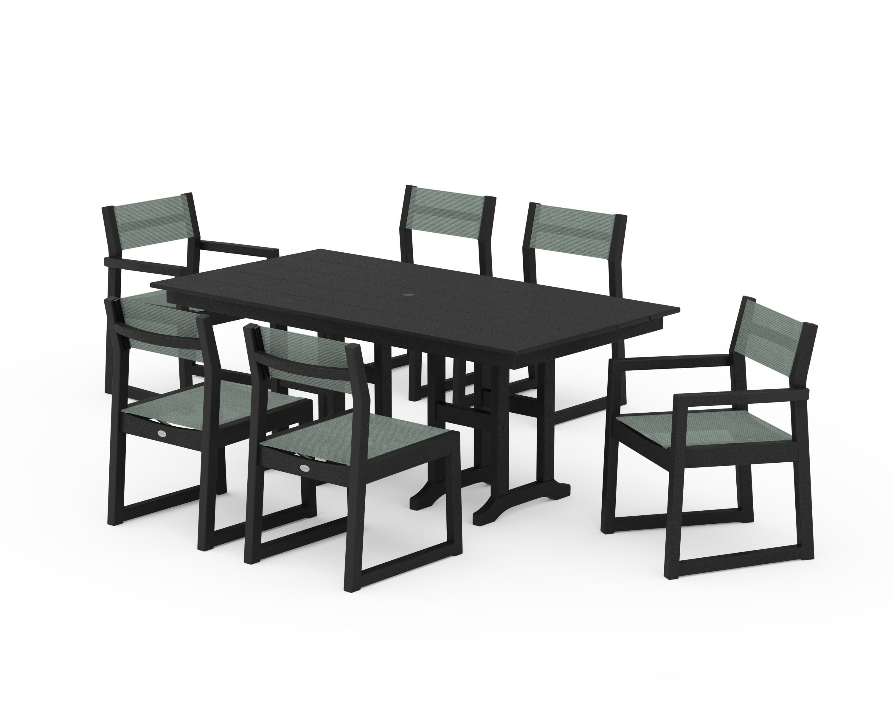 POLYWOOD EDGE Sling 7-Piece Farmhouse Dining Set in Black / Dupioni Sea Mist Sling