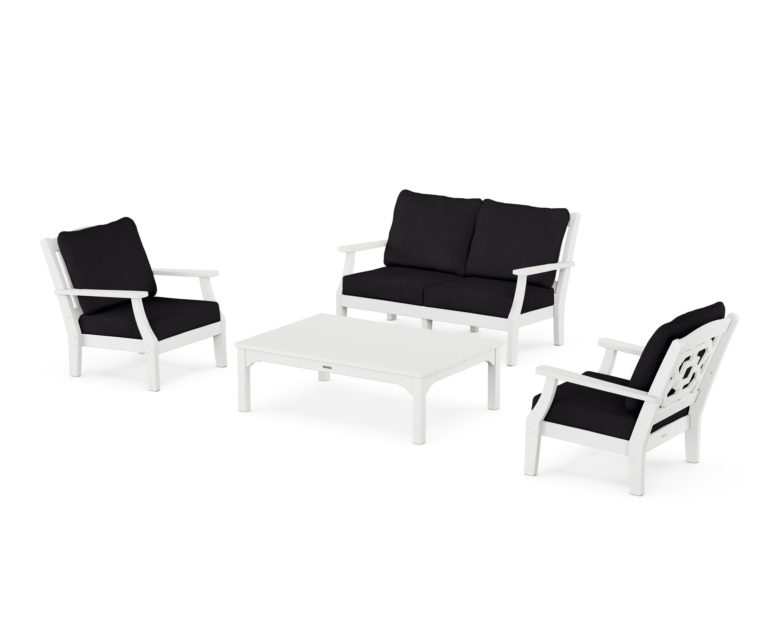 Martha Stewart by POLYWOOD Chinoiserie 4-Piece Deep Seating Set with Loveseat in White / Midnight Linen