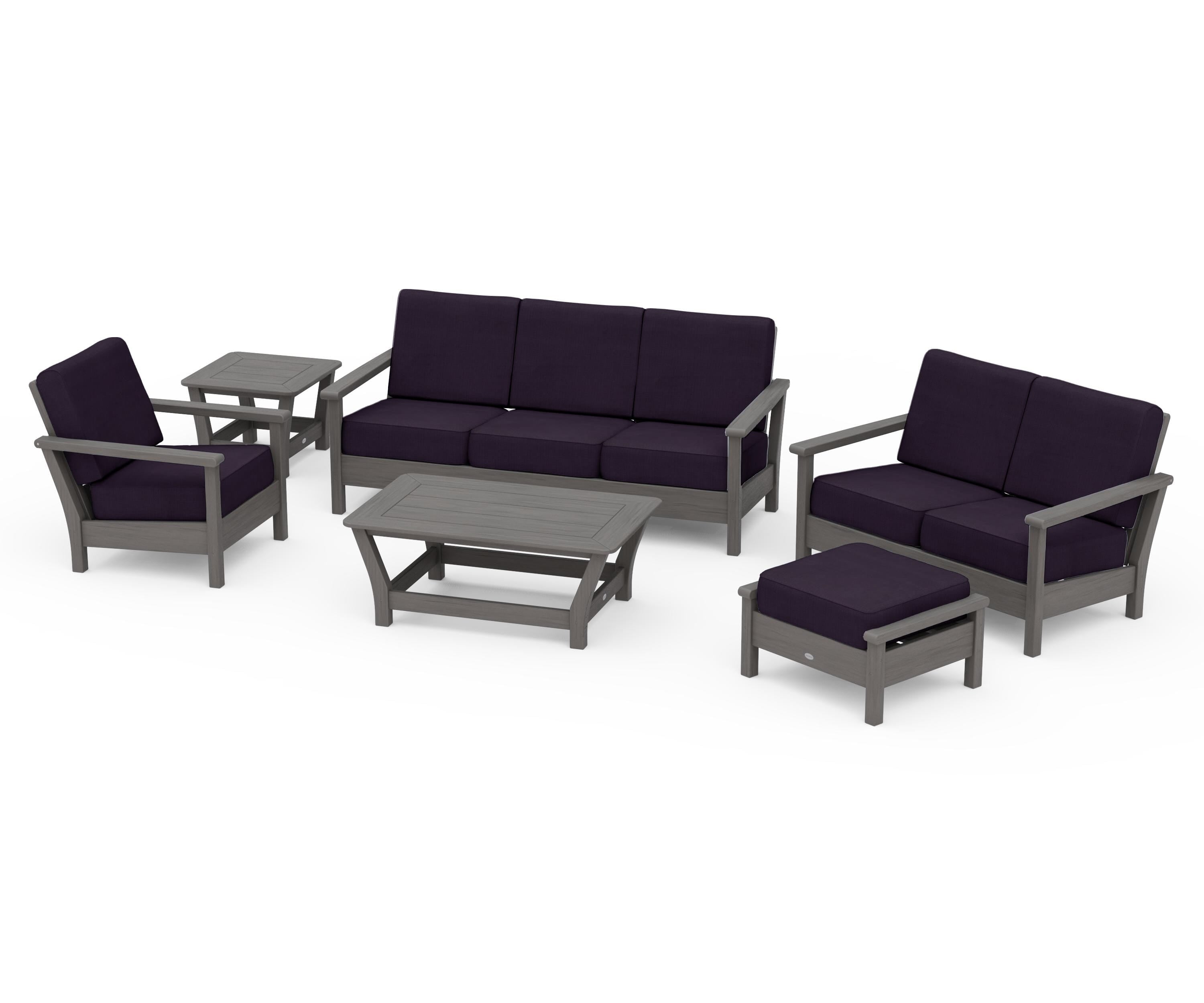 POLYWOOD Harbour 6-Piece Outdoor Living Set in Driftwood / Navy Linen