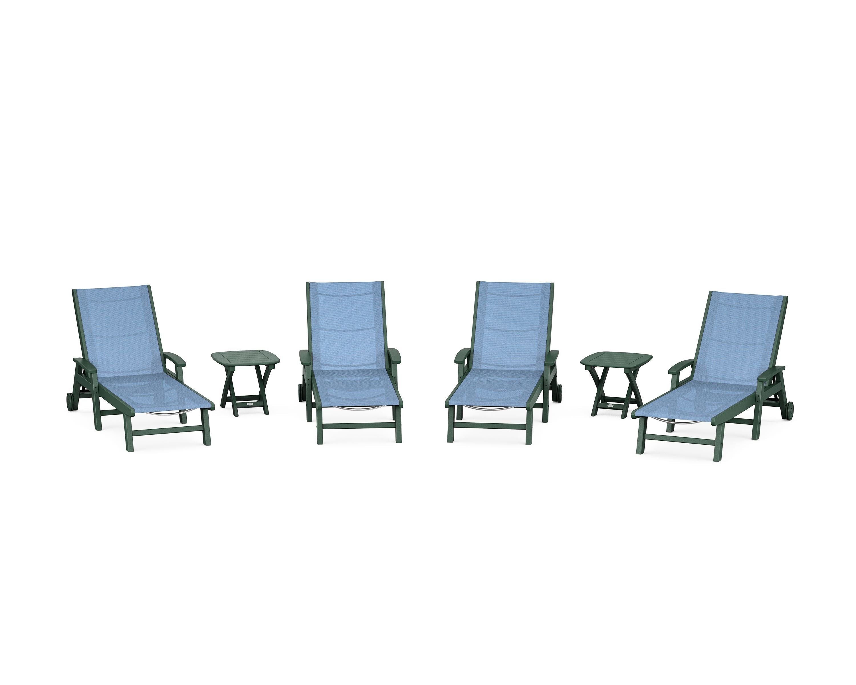 POLYWOOD Coastal Chaise 6-Piece Set with Wheels in Green / Poolside Sling