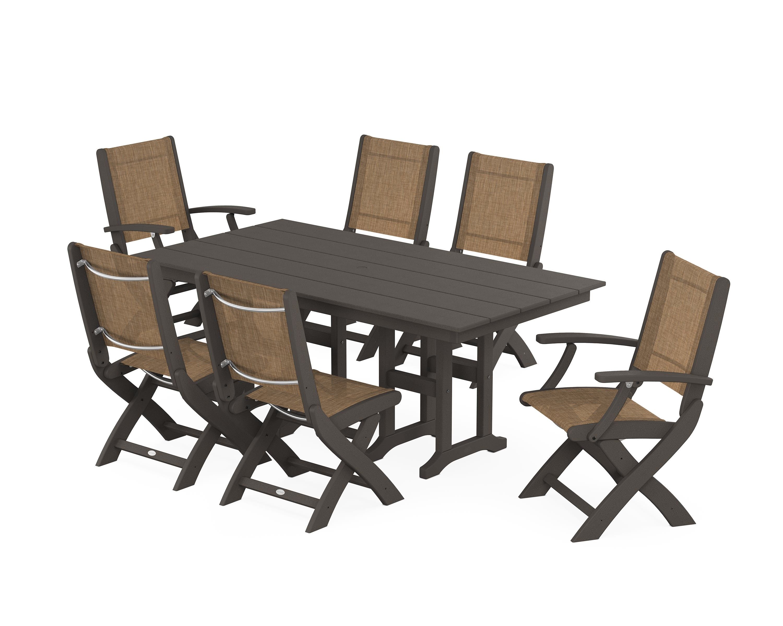 POLYWOOD Coastal Folding Chair 7-Piece Farmhouse Dining Set in Vintage Coffee / Burlap Sling