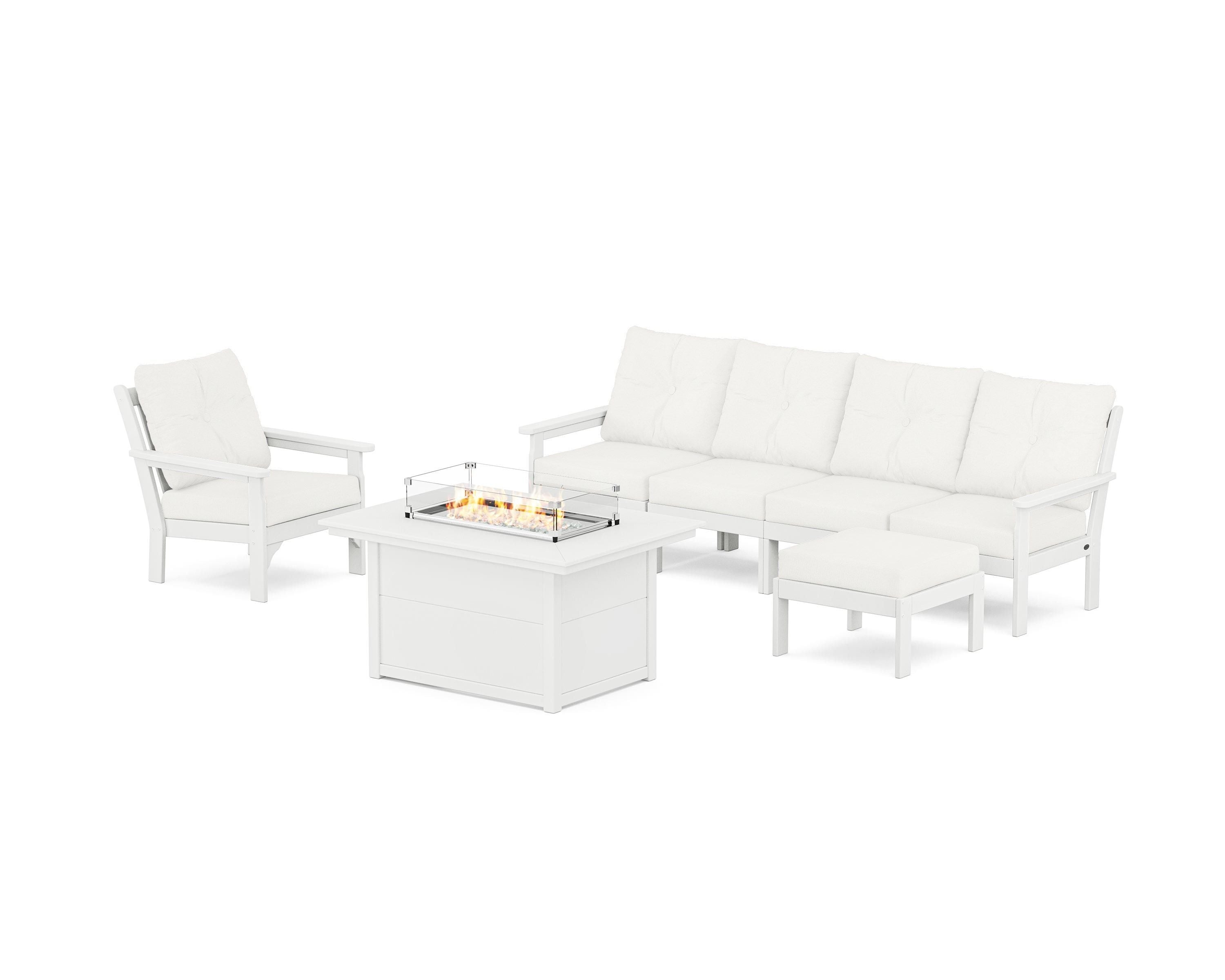 POLYWOOD Vineyard Sectional Lounge and Fire Pit Set in White / Natural Linen