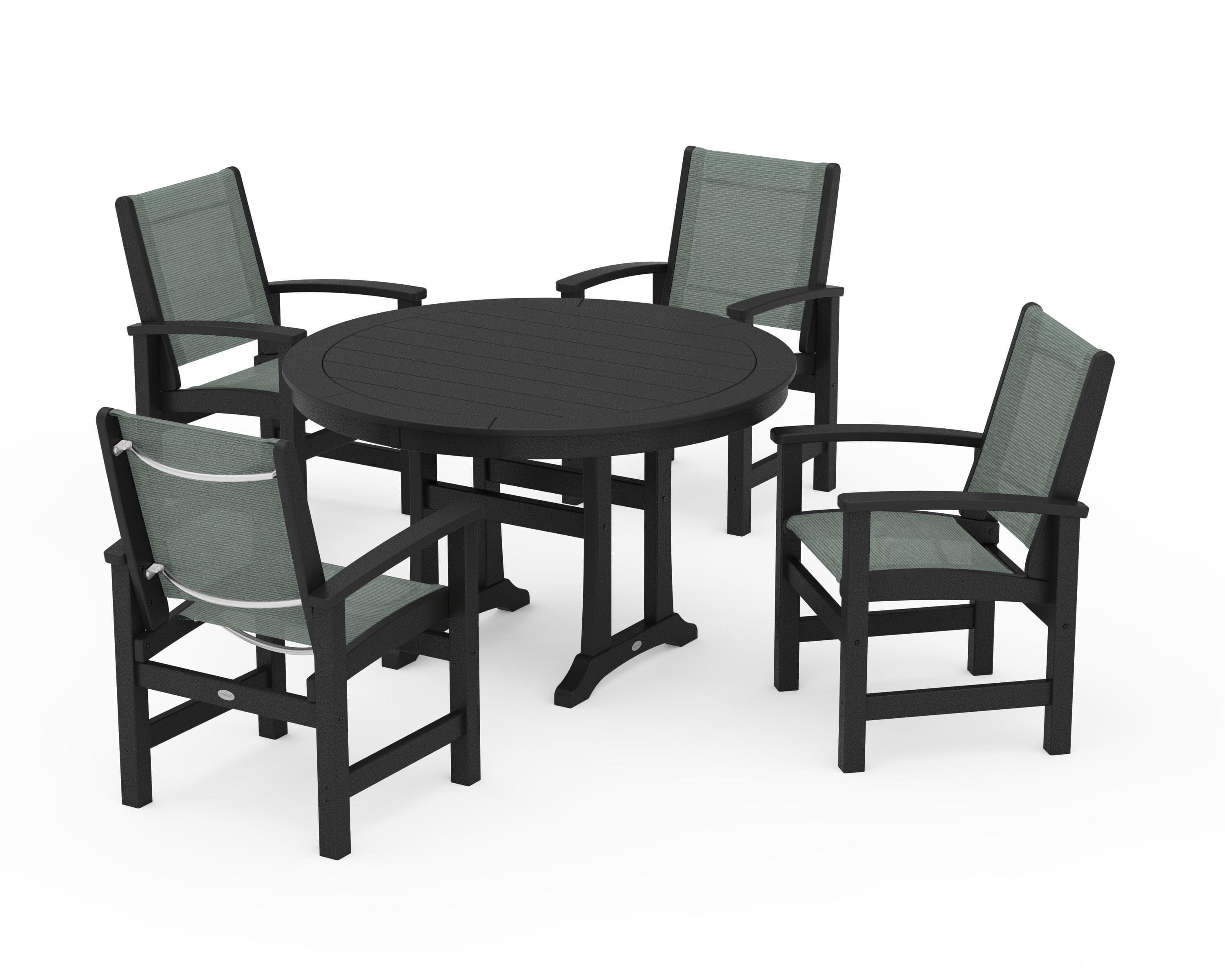 POLYWOOD Coastal 5-Piece Round Dining Set with Trestle Legs in Black / Dupioni Sea Mist Sling