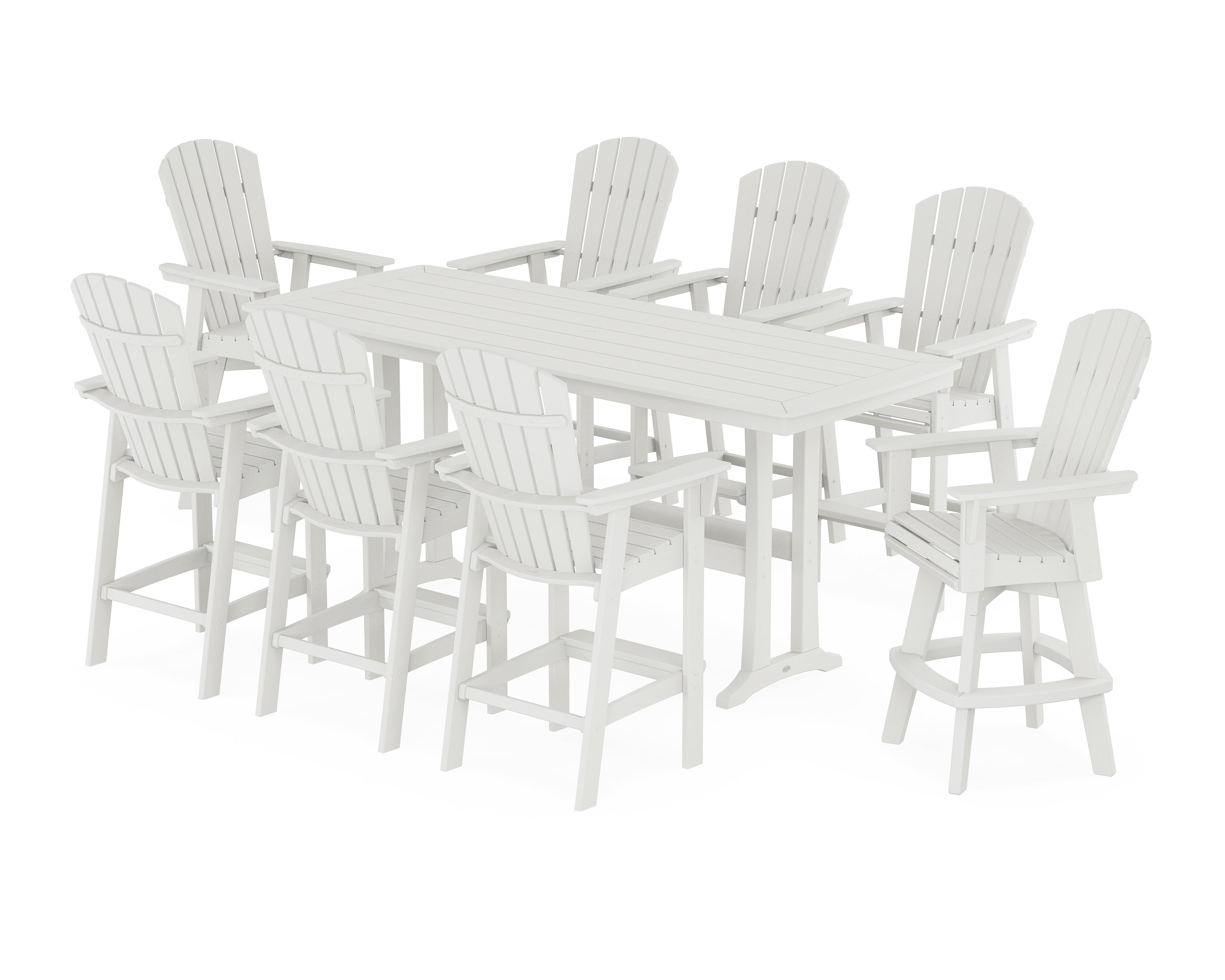 POLYWOOD® Nautical Curveback Adirondack Swivel 9-Piece Bar Set with Trestle Legs in Vintage White
