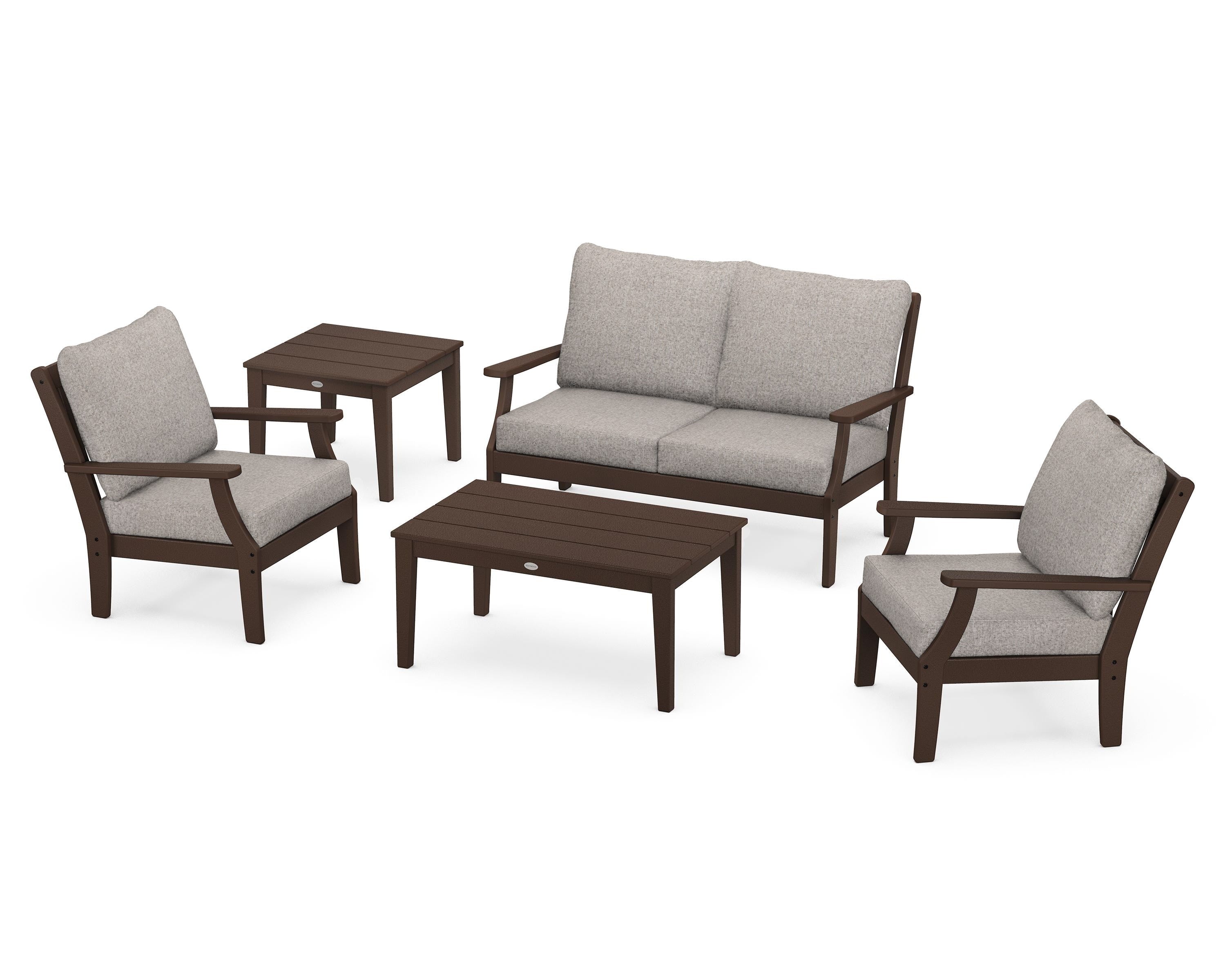 POLYWOOD Braxton 5-Piece Deep Seating Set in Mahogany / Weathered Tweed
