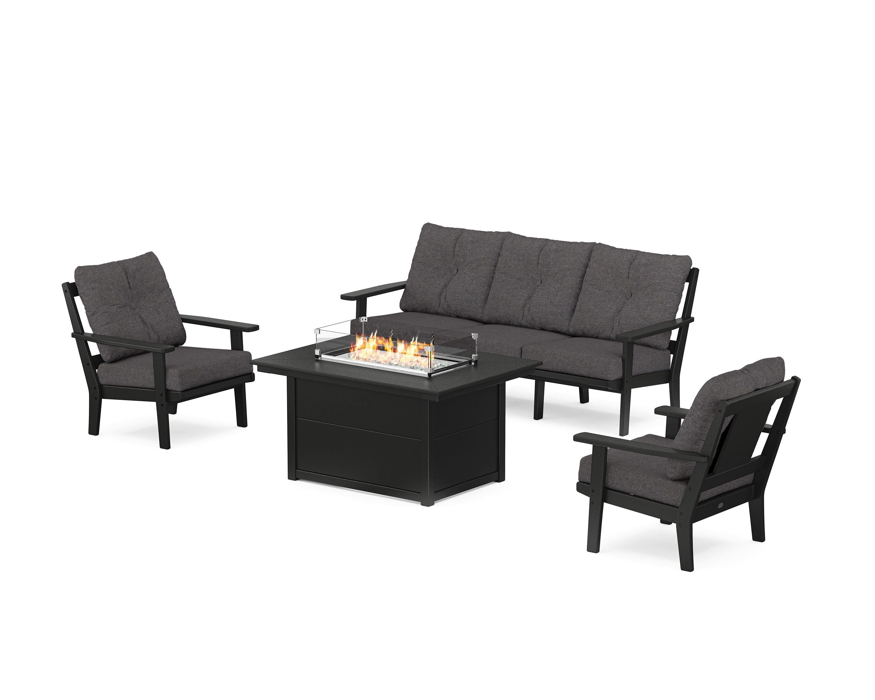 POLYWOOD Prairie Deep Seating Fire Pit Table Set in Black / Ash Charcoal