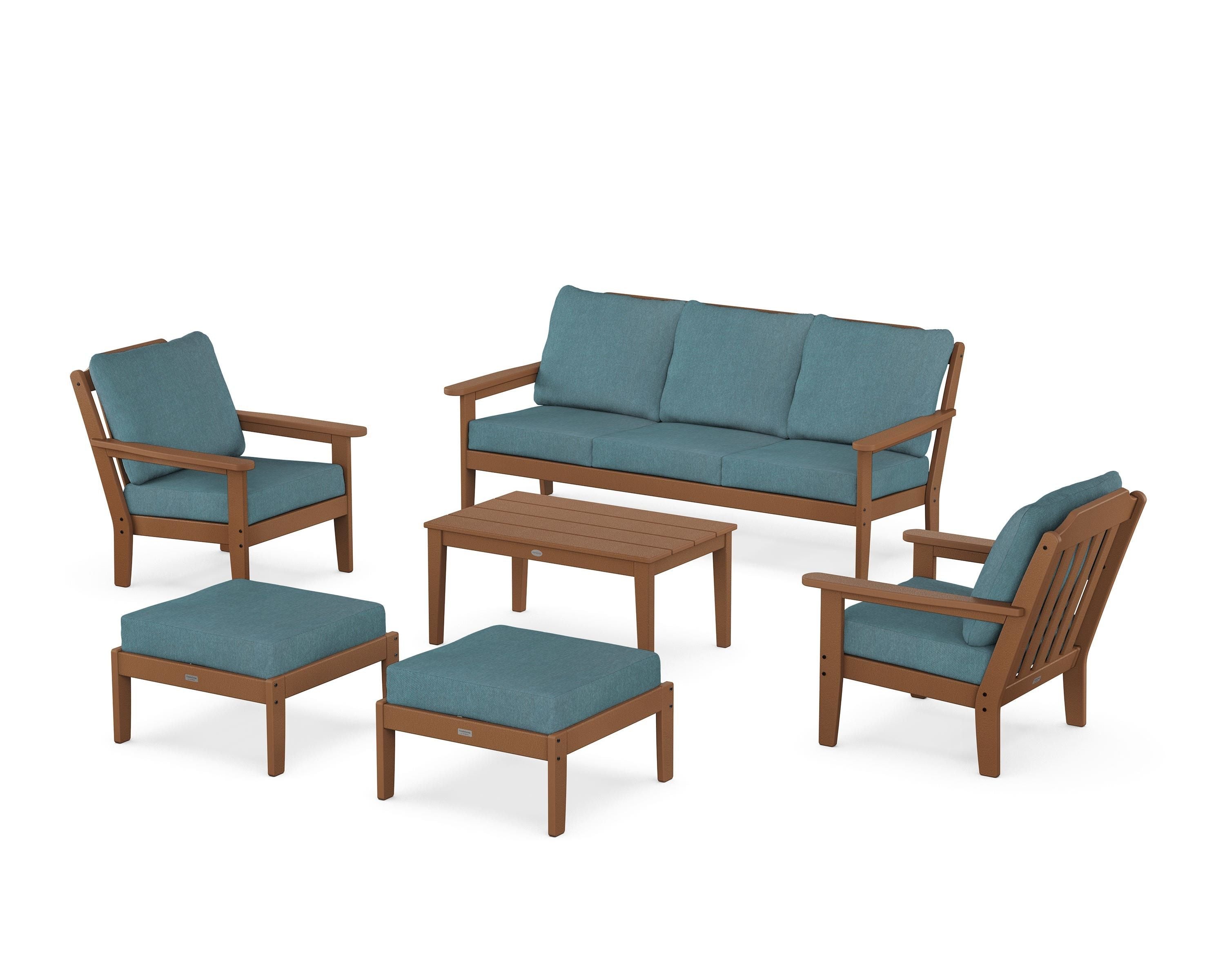 Country Living Cottage 6-Piece Lounge Sofa Set in Teak / Ocean Teal