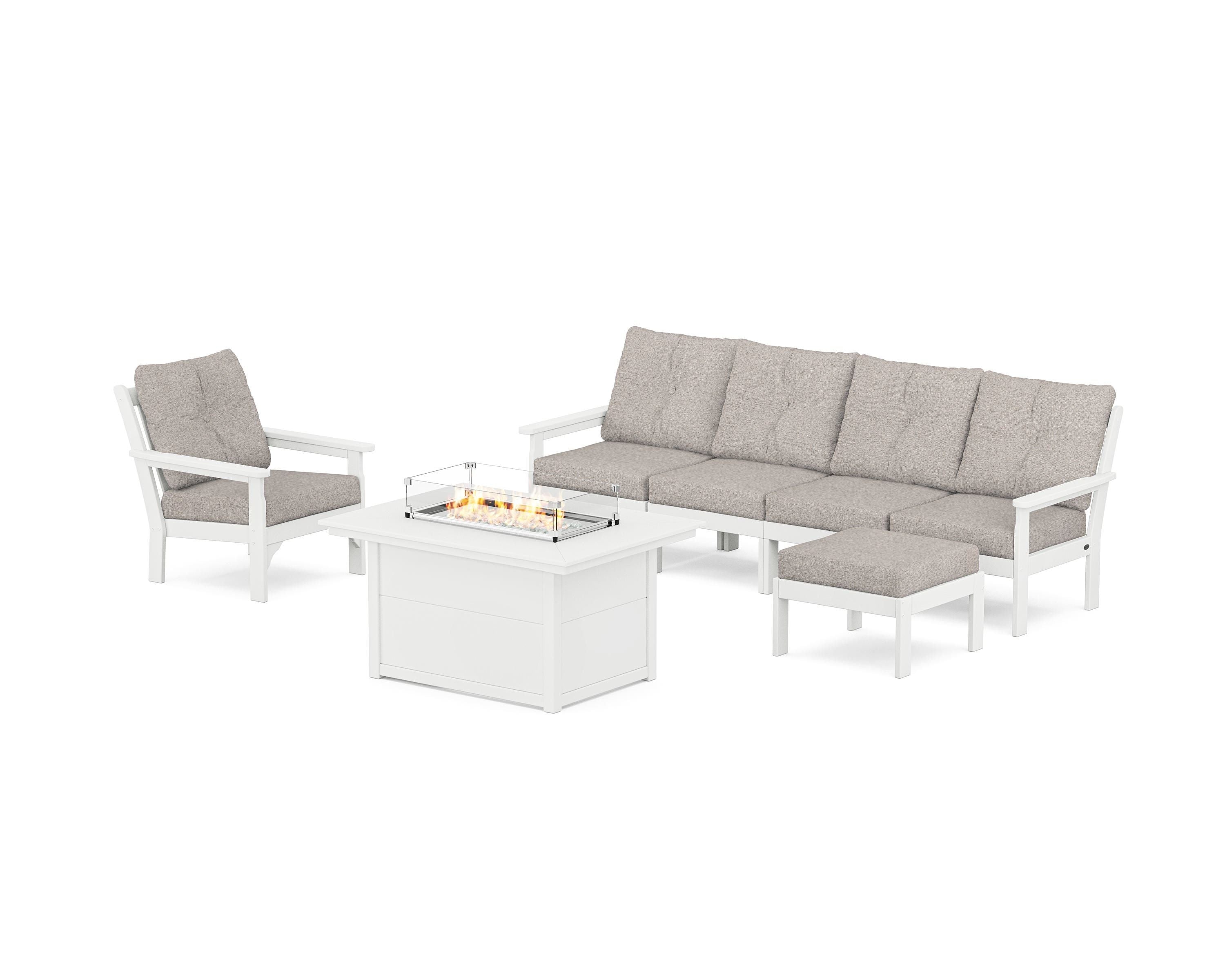 POLYWOOD Vineyard Sectional Lounge and Fire Pit Set in White / Weathered Tweed
