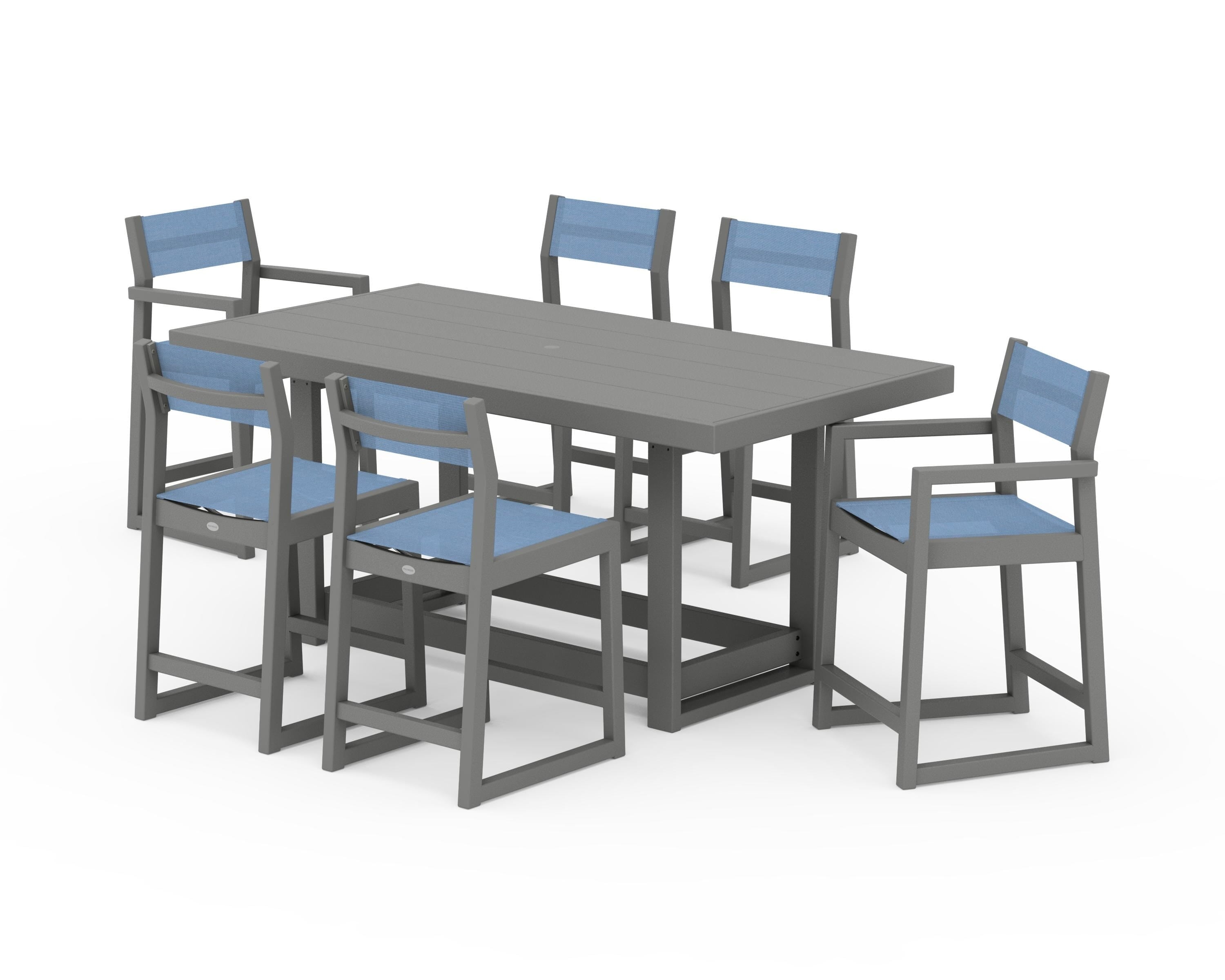 POLYWOOD EDGE Sling 7-Piece Counter Table Set in Slate Grey / Poolside Sling