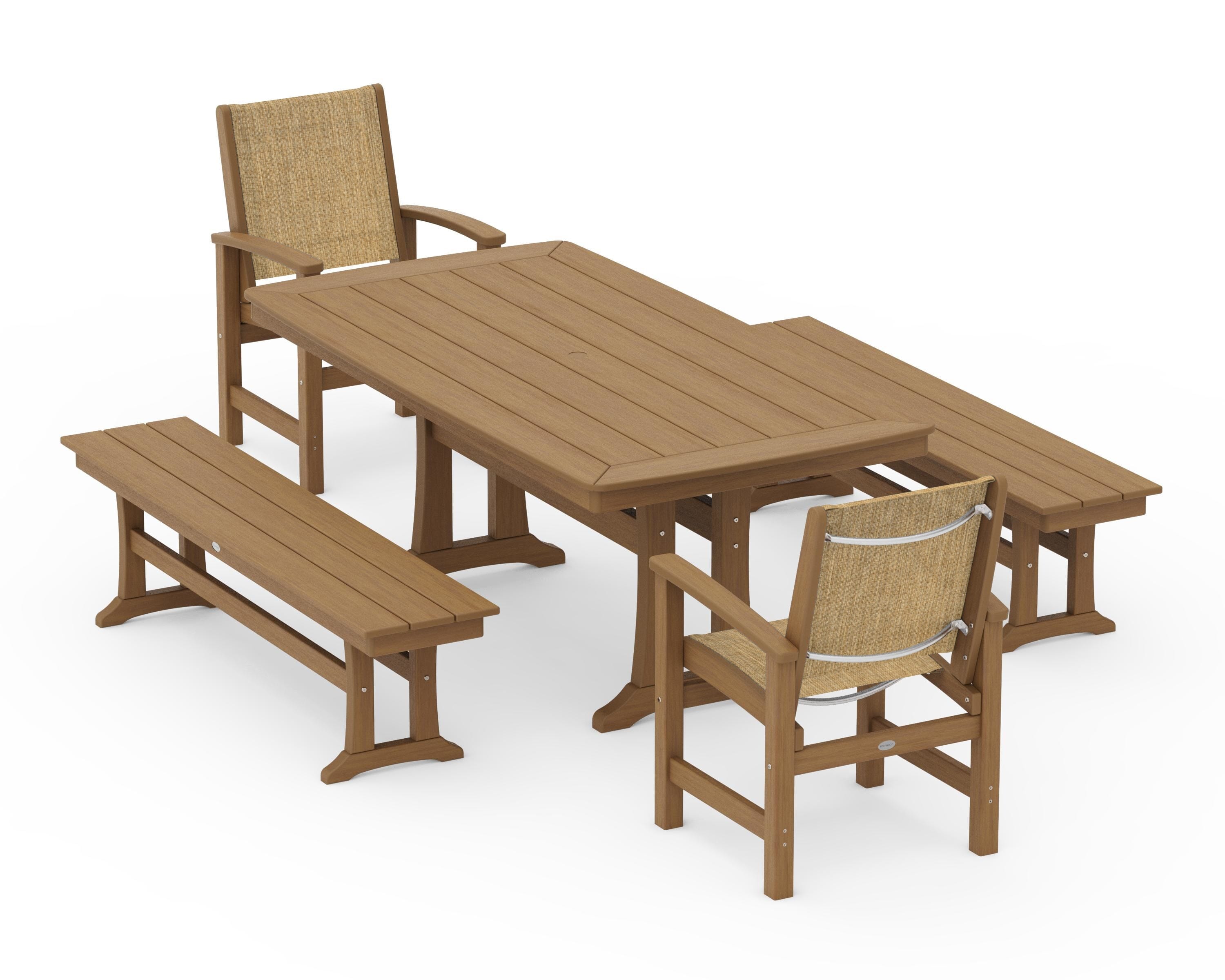 POLYWOOD Coastal 5-Piece Dining Set with Trestle Legs and Benches in Natural / Burlap Sling