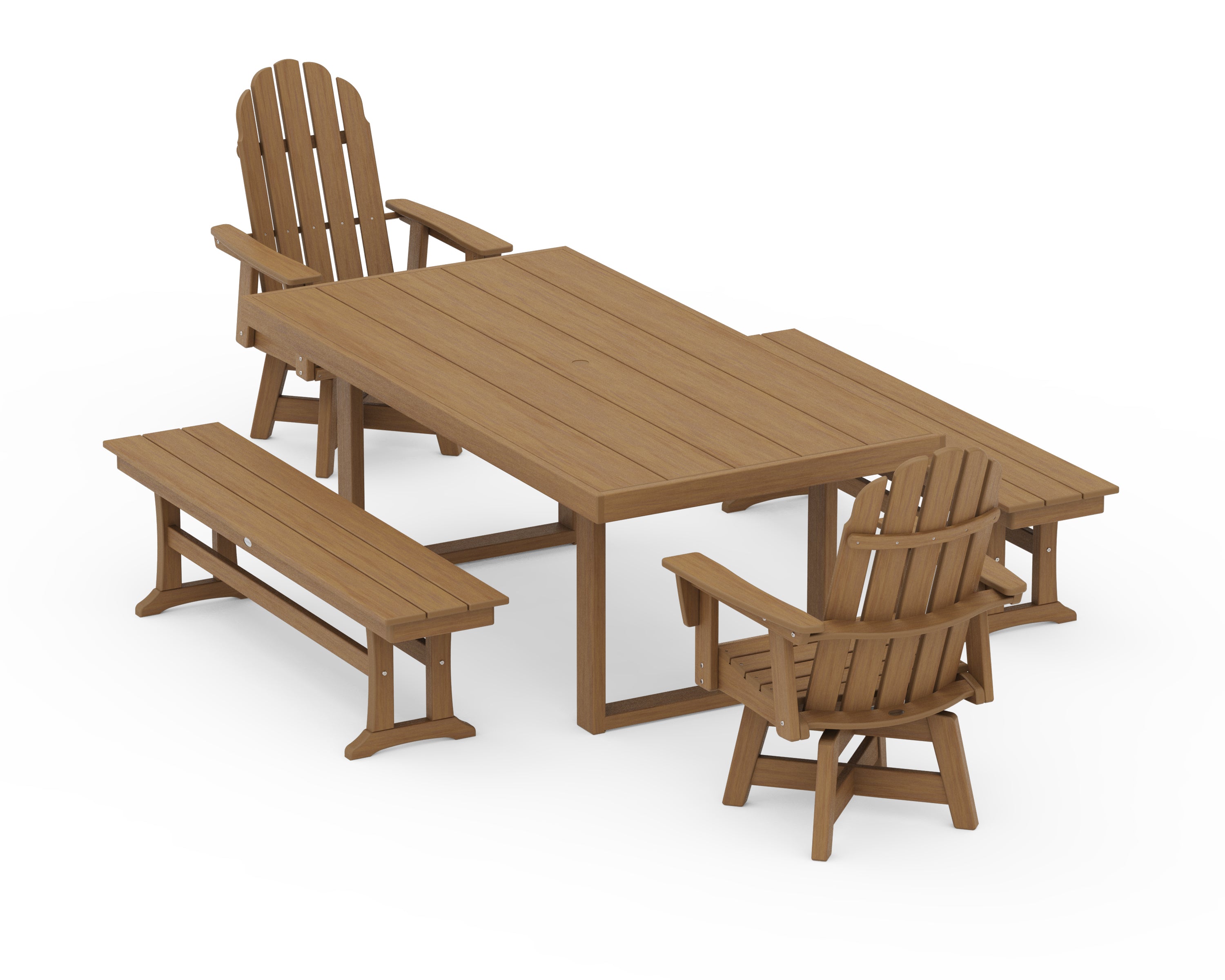 POLYWOOD Vineyard Curveback Adirondack Swivel Chair 5-Piece Dining Set with Benches in Natural
