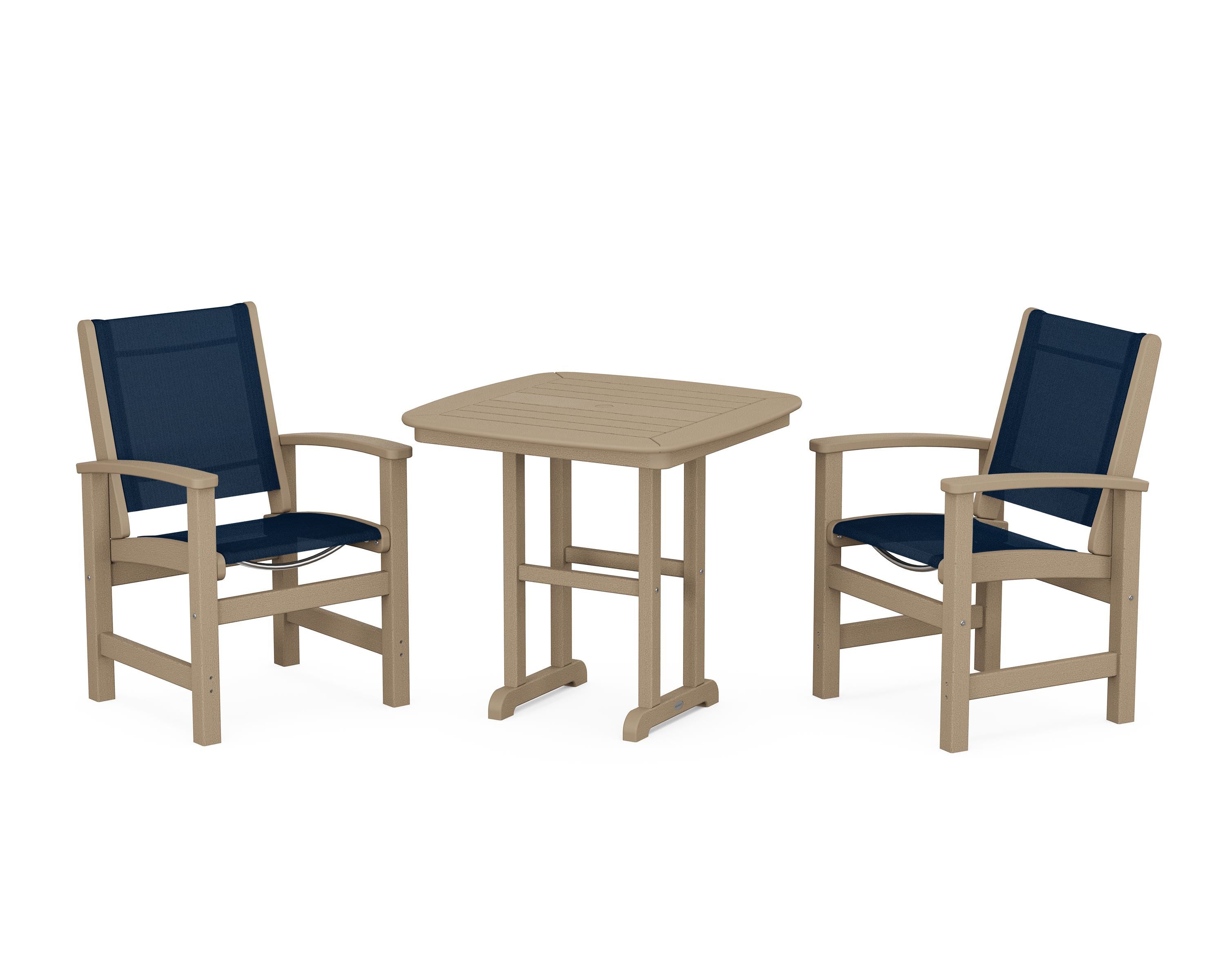 POLYWOOD Coastal 3-Piece Dining Set in Vintage Sahara / Navy Blue Sling