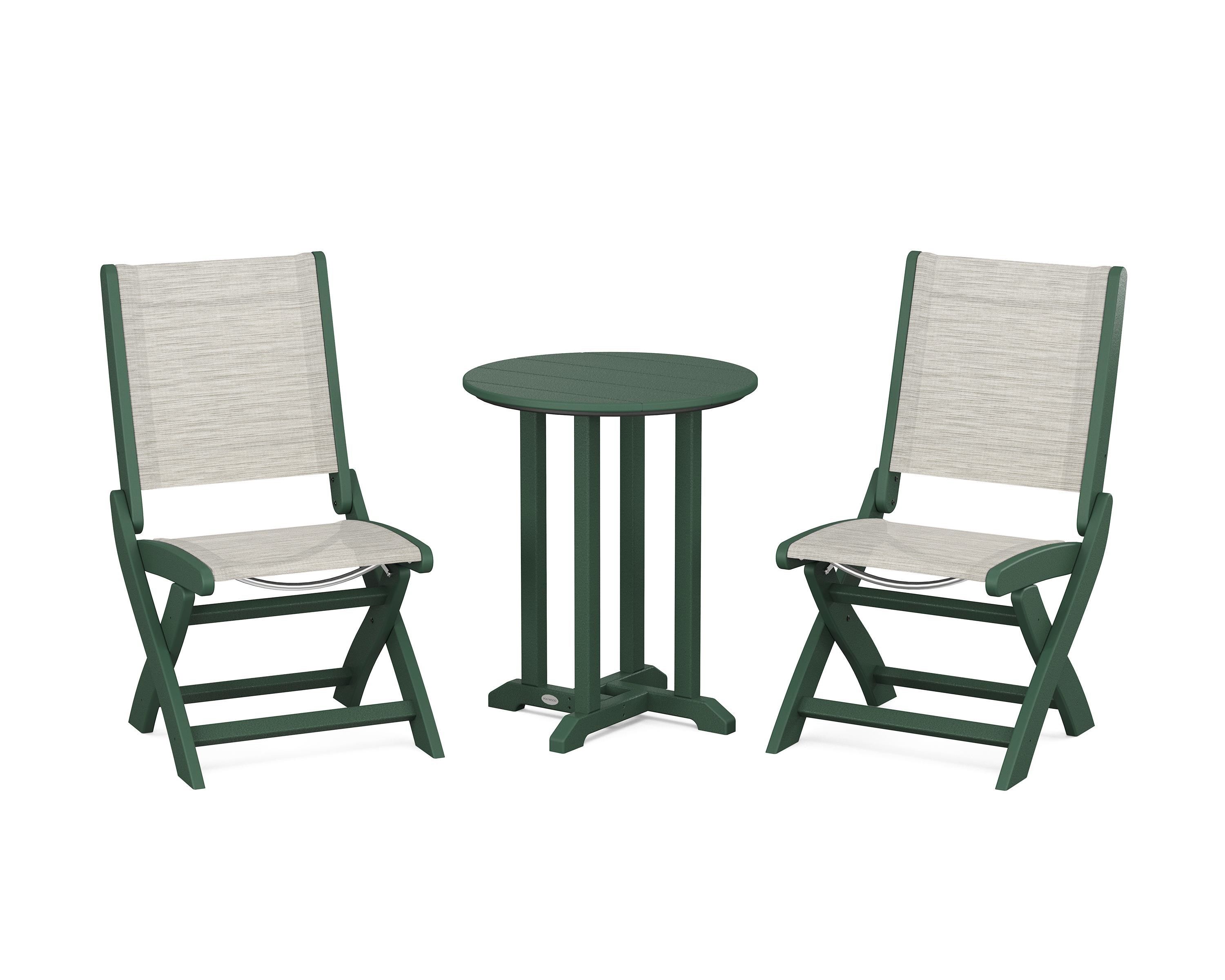 POLYWOOD Coastal Folding Side Chair 3-Piece Round Bistro Dining Set in Green / Birch Sling