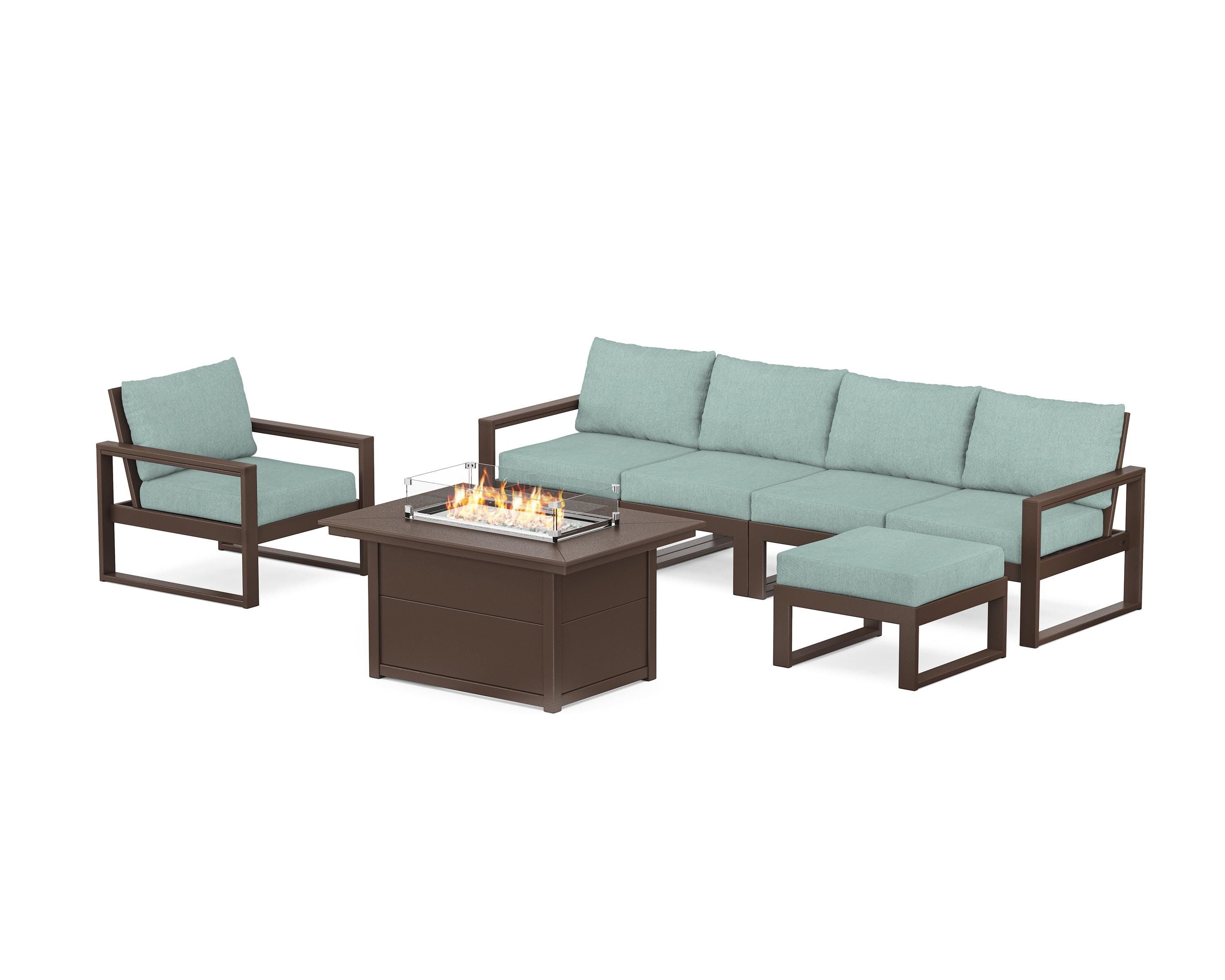 POLYWOOD EDGE Sectional Lounge and Fire Pit Set in Mahogany / Glacier Spa