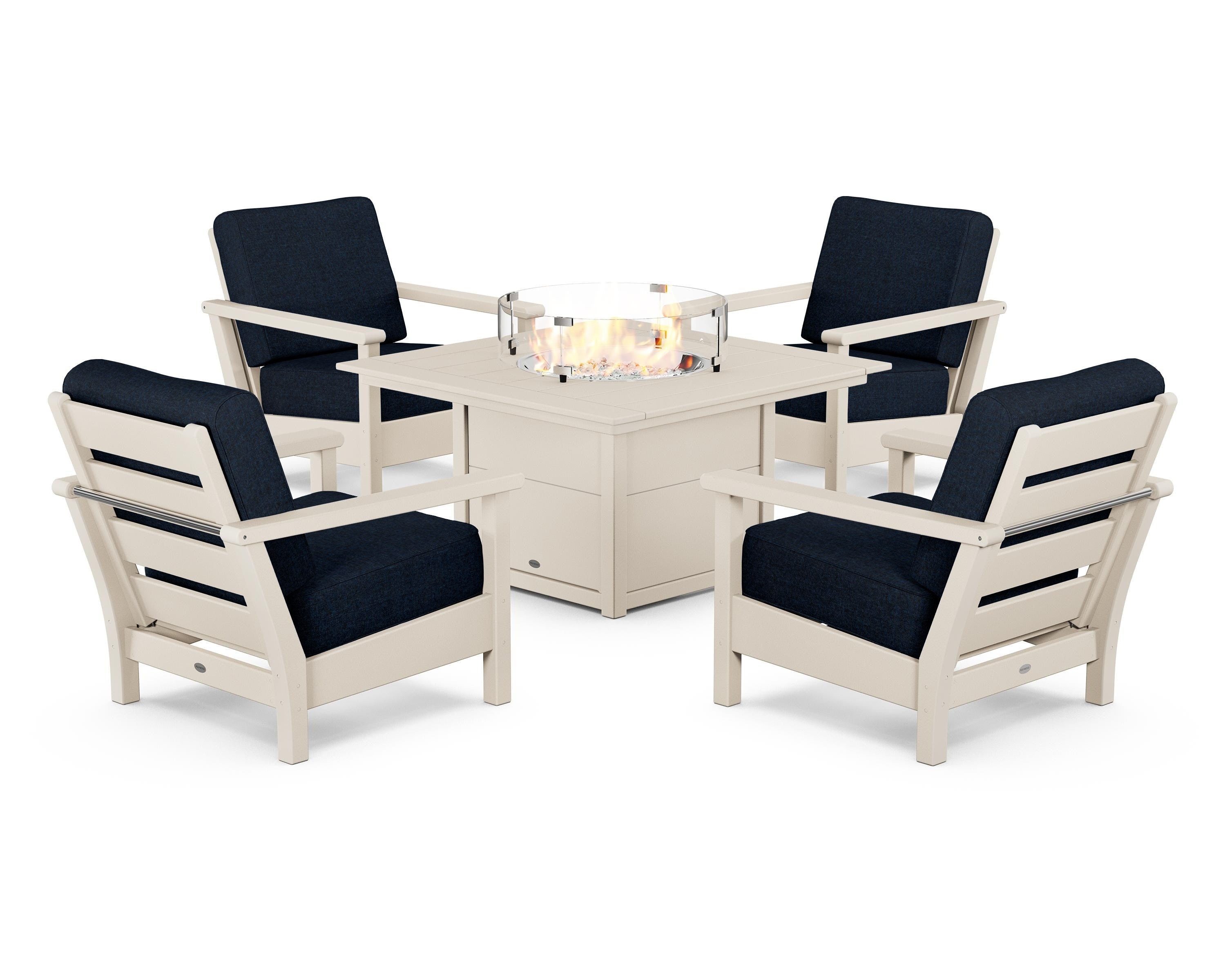 POLYWOOD Harbour 5-Piece Conversation Set with Fire Pit Table in Sand / Marine Indigo