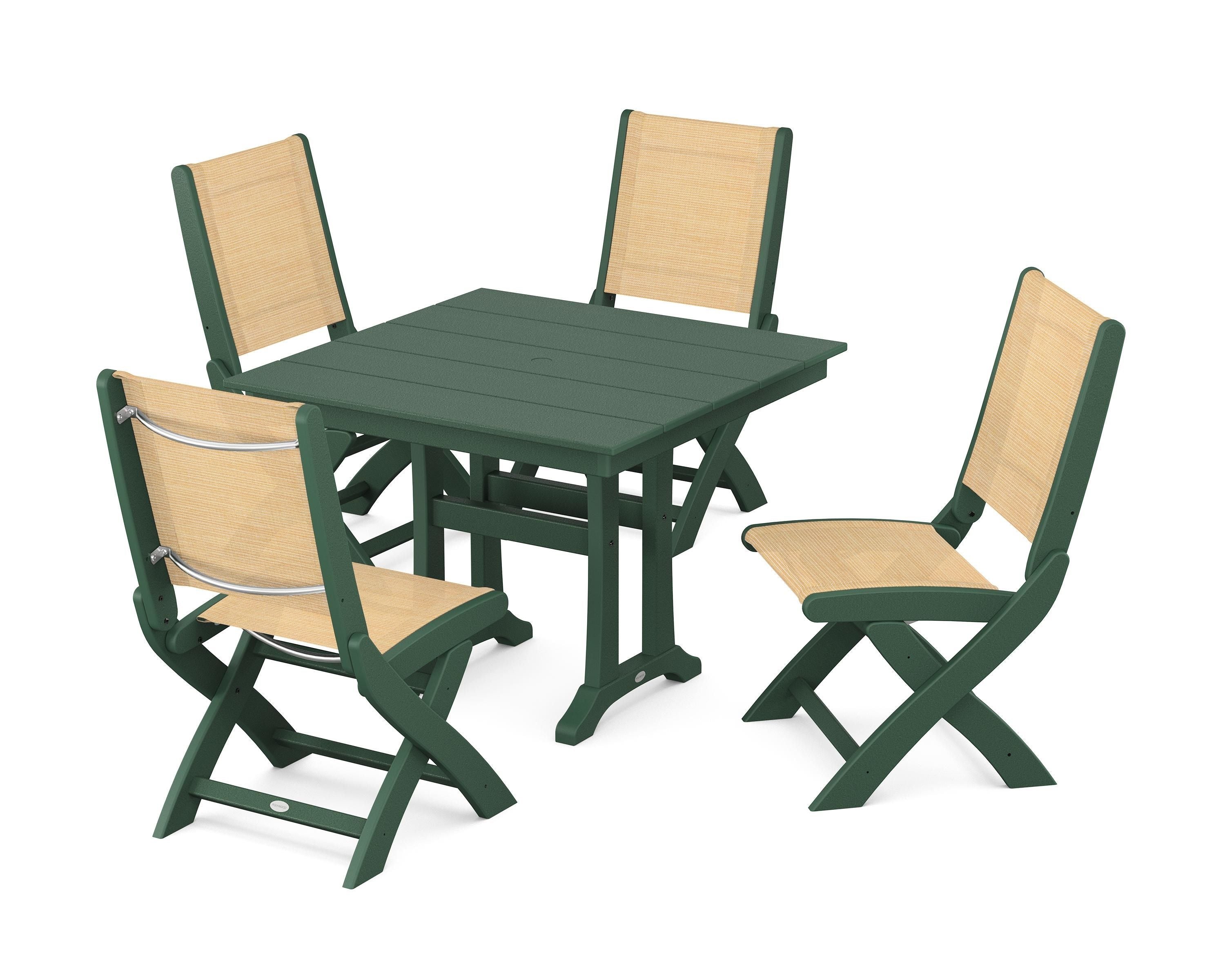 POLYWOOD Coastal Folding Side Chair 5-Piece Farmhouse Dining Set With Trestle Legs in Green / Dupioni Apricot Sling