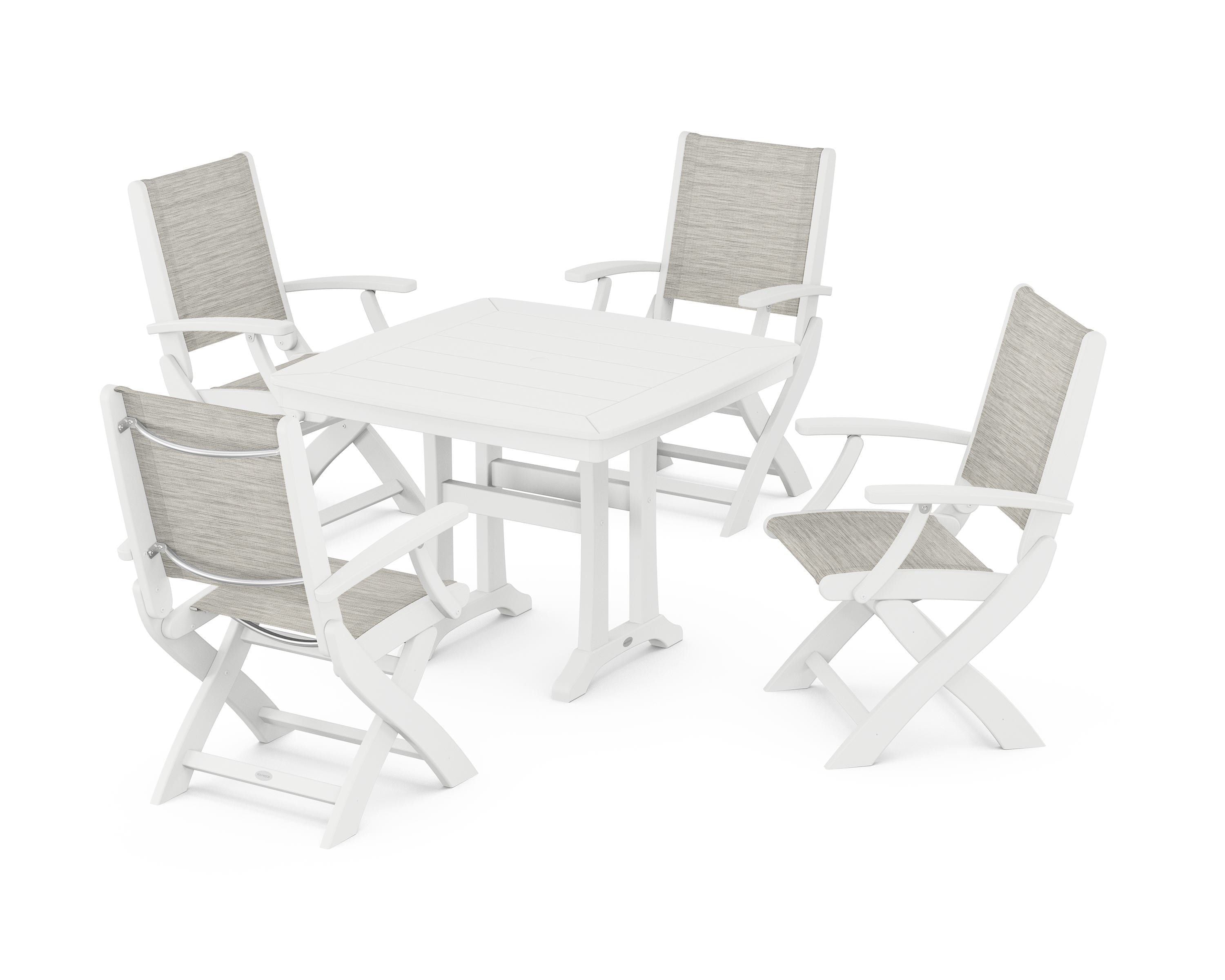 POLYWOOD Coastal Folding Chair 5-Piece Dining Set with Trestle Legs in White / Birch Sling