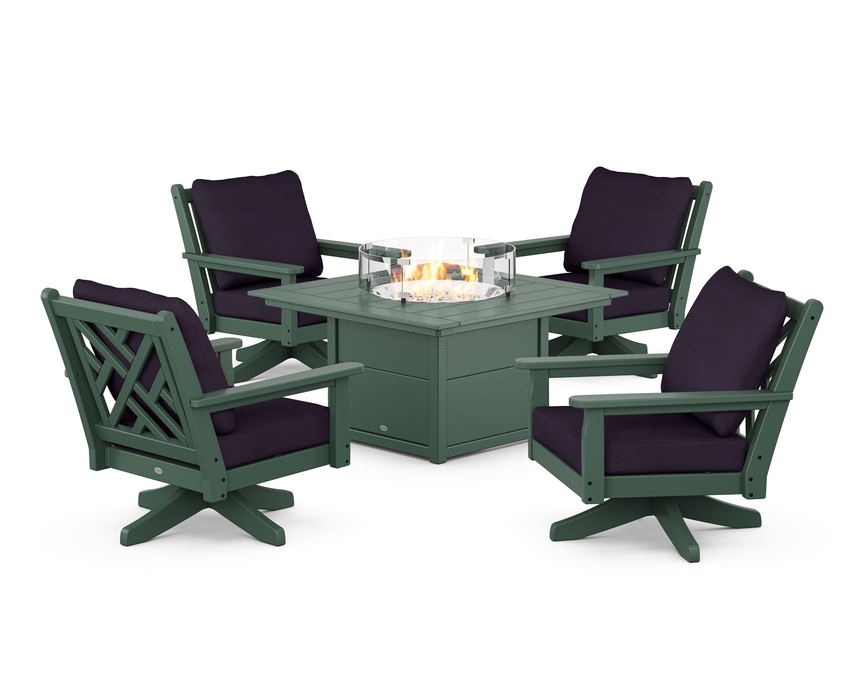 POLYWOOD Chippendale 5-Piece Deep Seating Swivel Conversation Set with Fire Pit Table in Green / Navy Linen