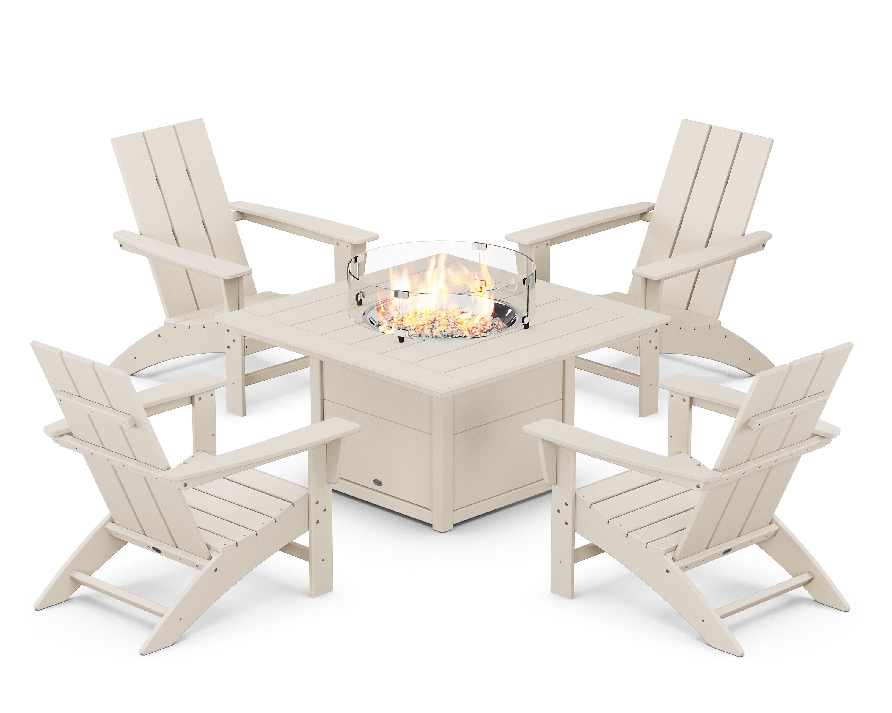 POLYWOOD Modern 5-Piece Adirondack Chair Conversation Set with Fire Pit Table in Sand
