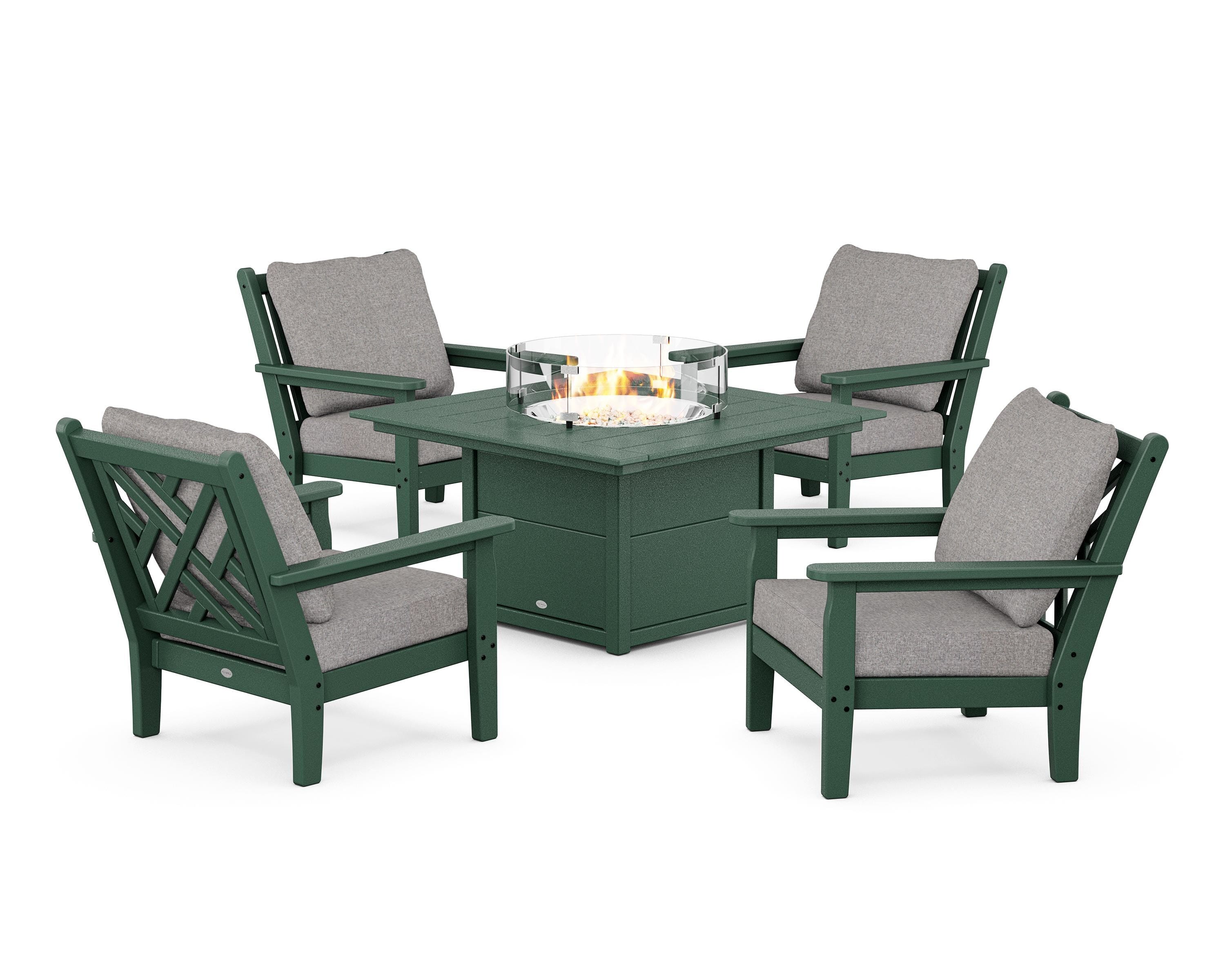 POLYWOOD Chippendale 5-Piece Deep Seating Set with Fire Pit Table in Green / Grey Mist