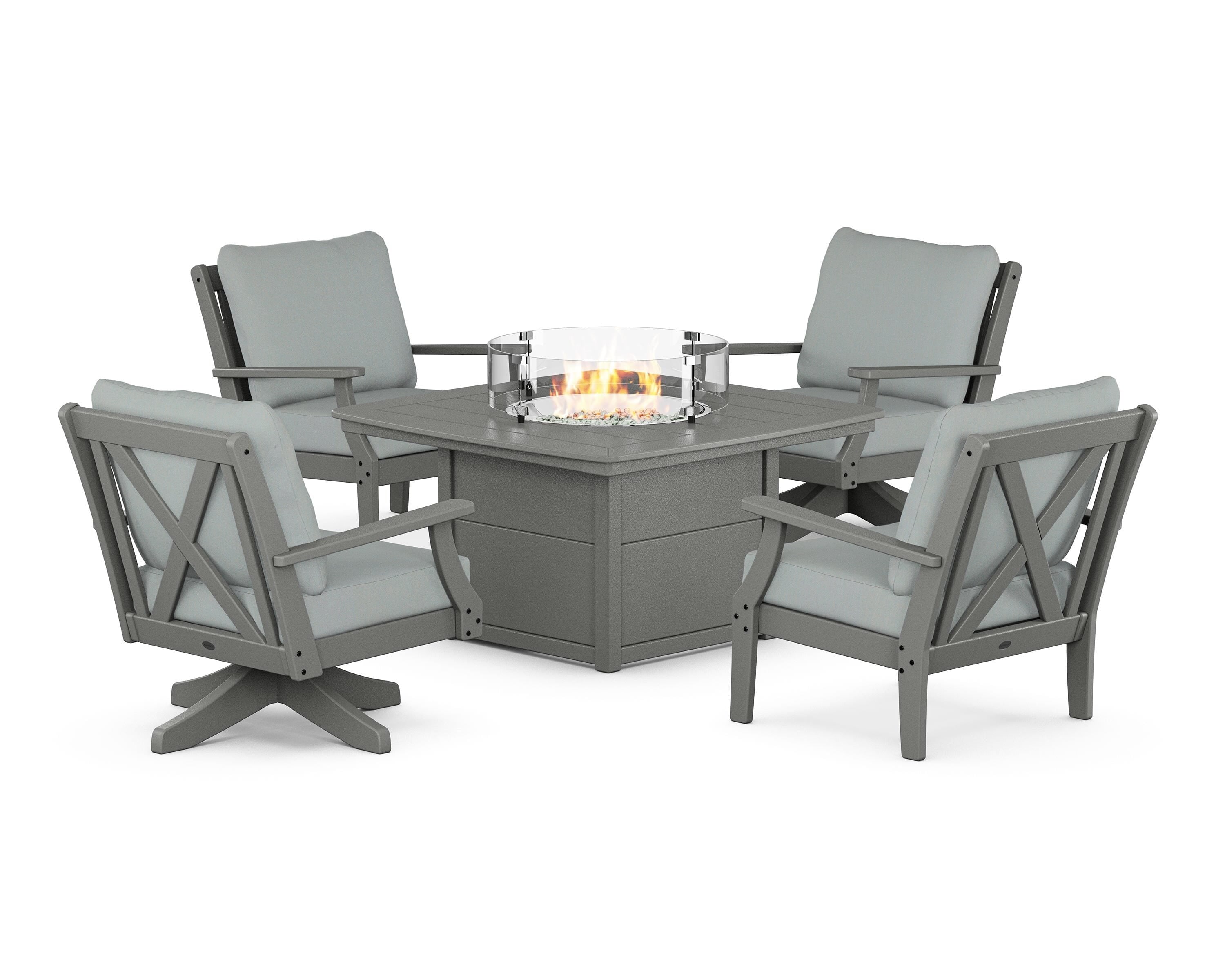 POLYWOOD Braxton 5-Piece Deep Seating Set with Fire Table in Slate Grey / Spa