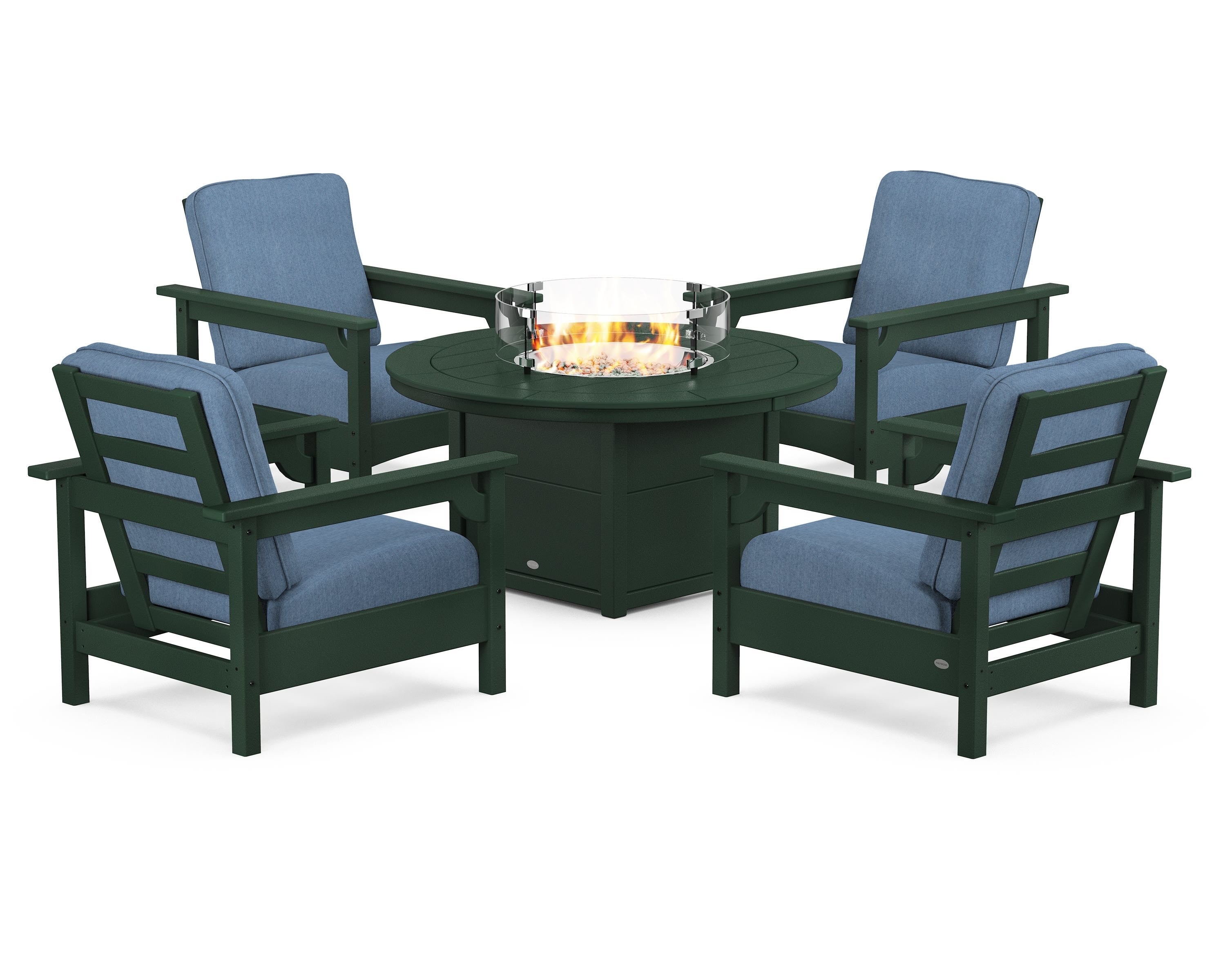 POLYWOOD Club 5-Piece Conversation Set with Fire Pit Table in Green / Sky Blue