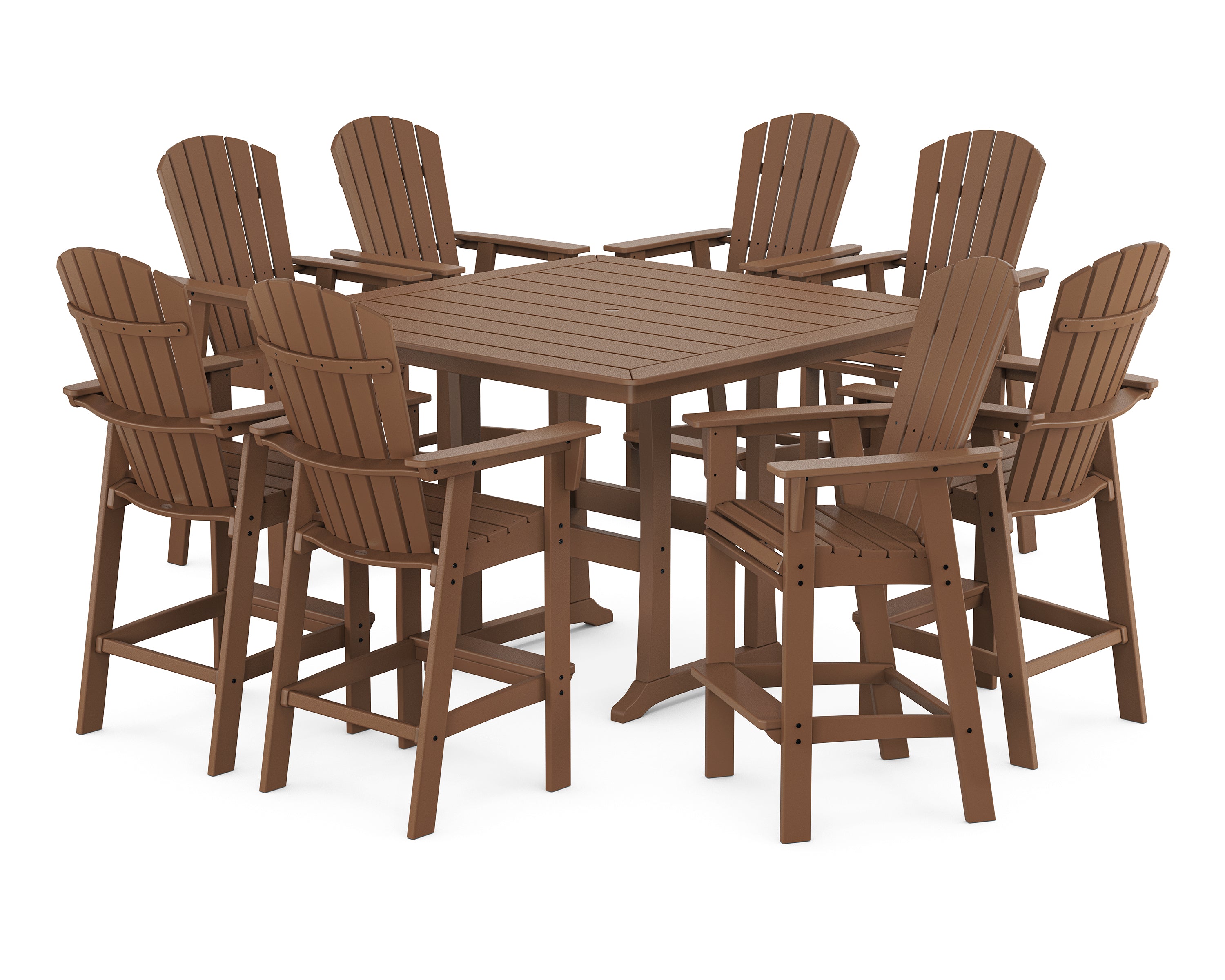 POLYWOOD® Nautical Curveback Adirondack 9-Piece Trestle Bar Set in Teak