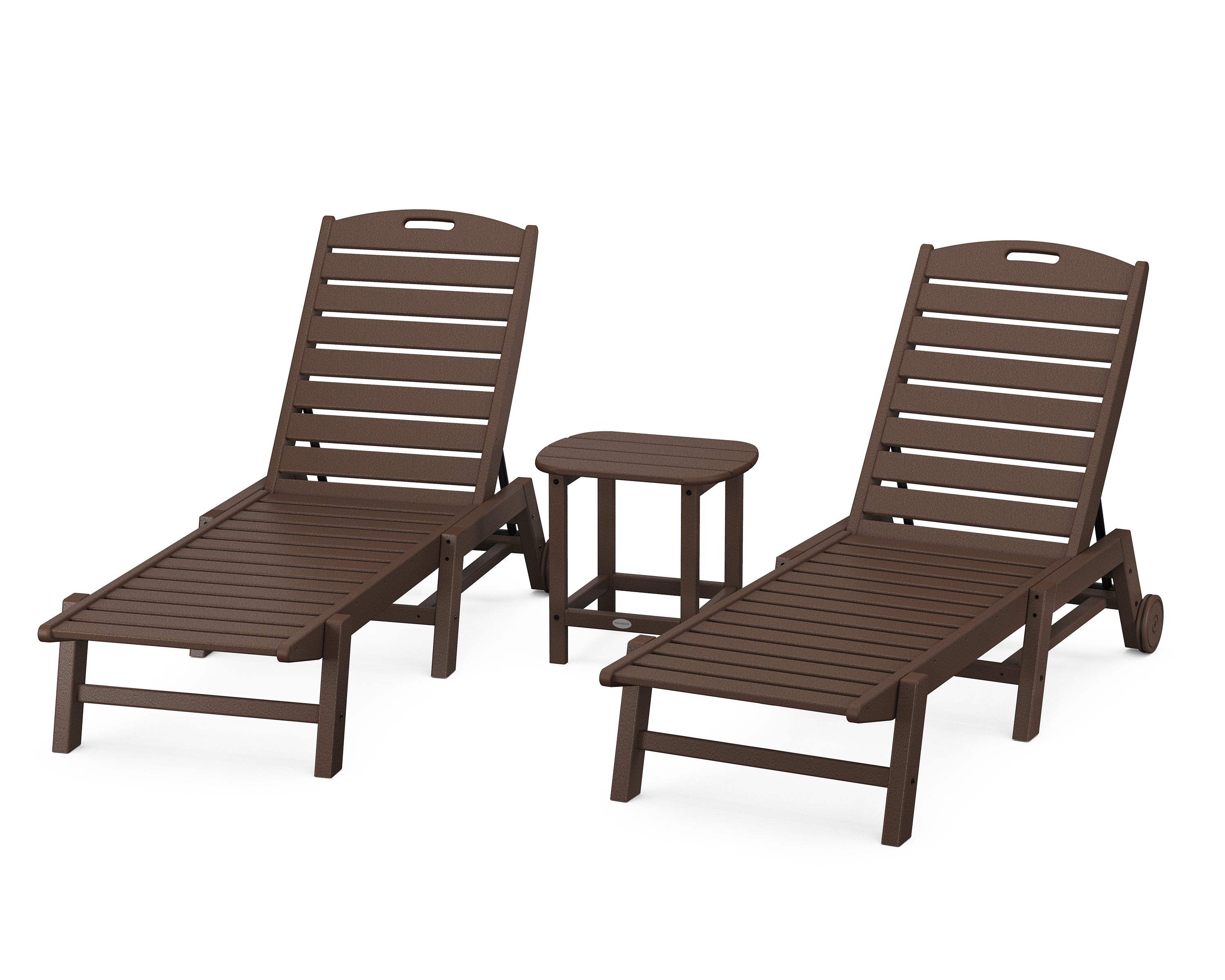 POLYWOOD Nautical 3-Piece Chaise Lounge with Wheels Set with South Beach 18" Side Table in Mahogany