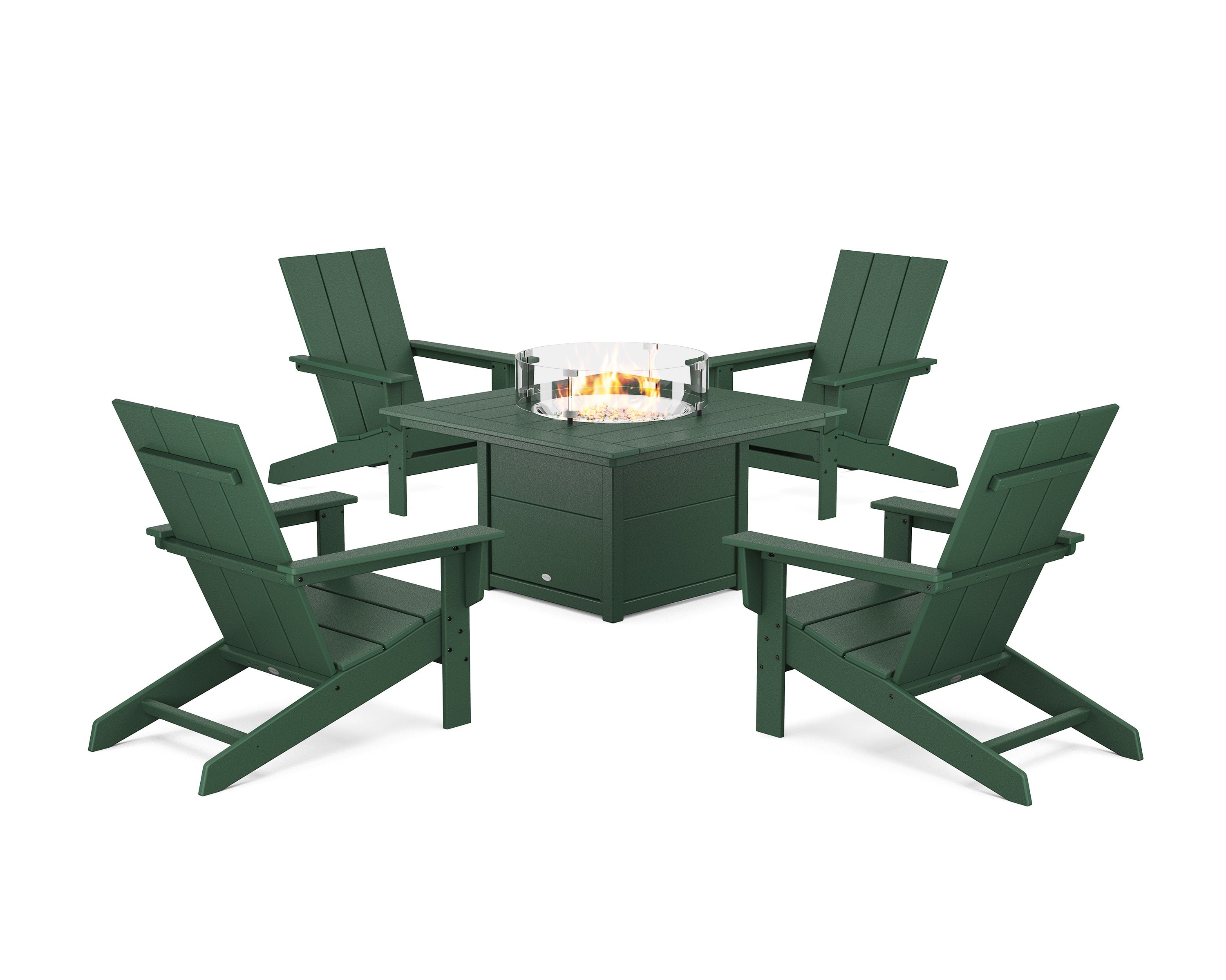 POLYWOOD 5-Piece Modern Studio Adirondack Conversation Set with Fire Pit Table in Green