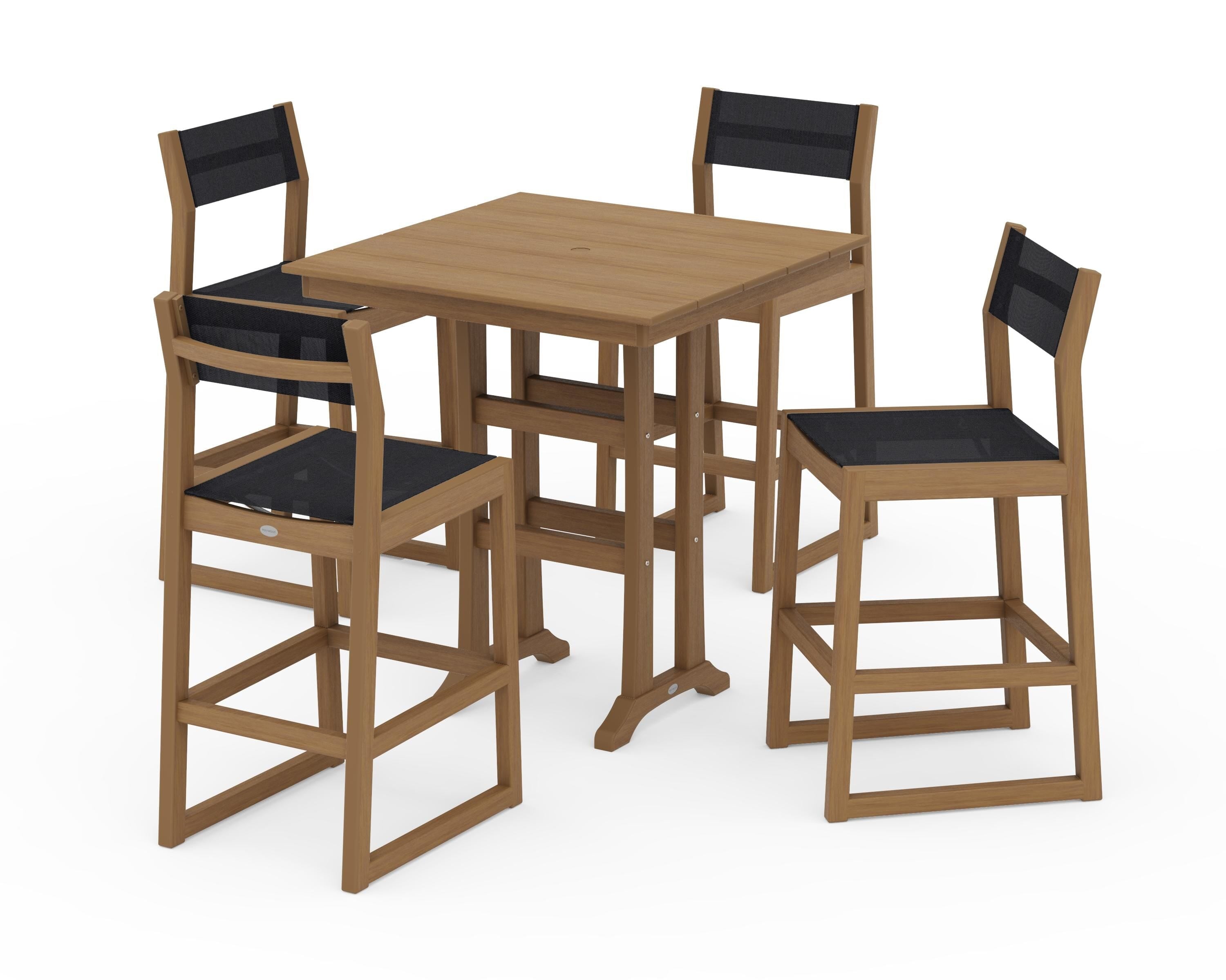 POLYWOOD EDGE Sling Arm Chair 5-Piece Farmhouse Bar Set with Trestle Legs in Natural / Black Sling