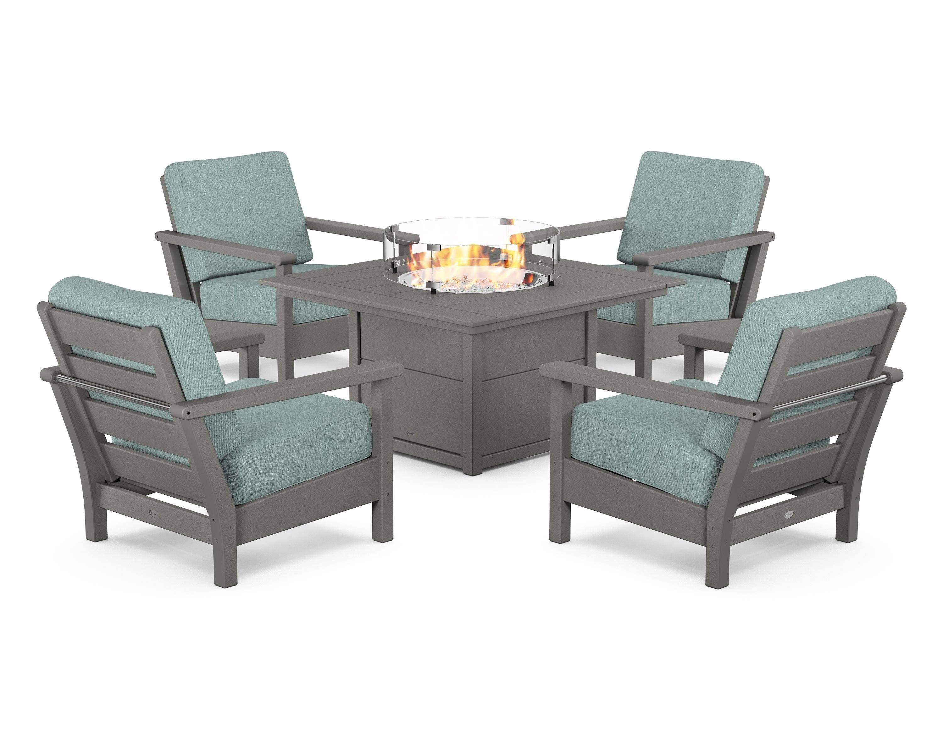 POLYWOOD Harbour 5-Piece Conversation Set with Fire Pit Table in Slate Grey / Glacier Spa