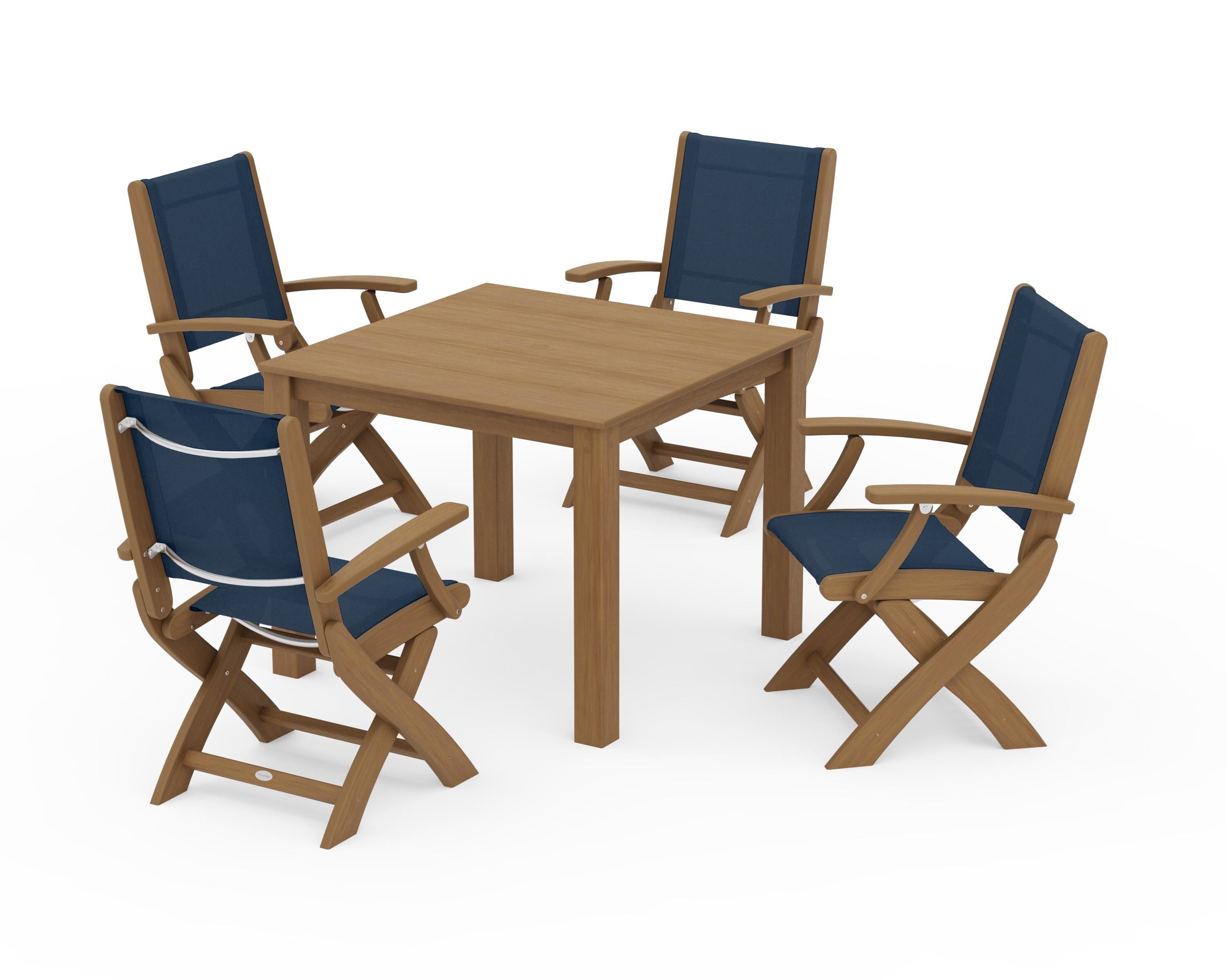 POLYWOOD Coastal Folding Chair 5-Piece Parsons Dining Set in Natural / Navy Blue Sling