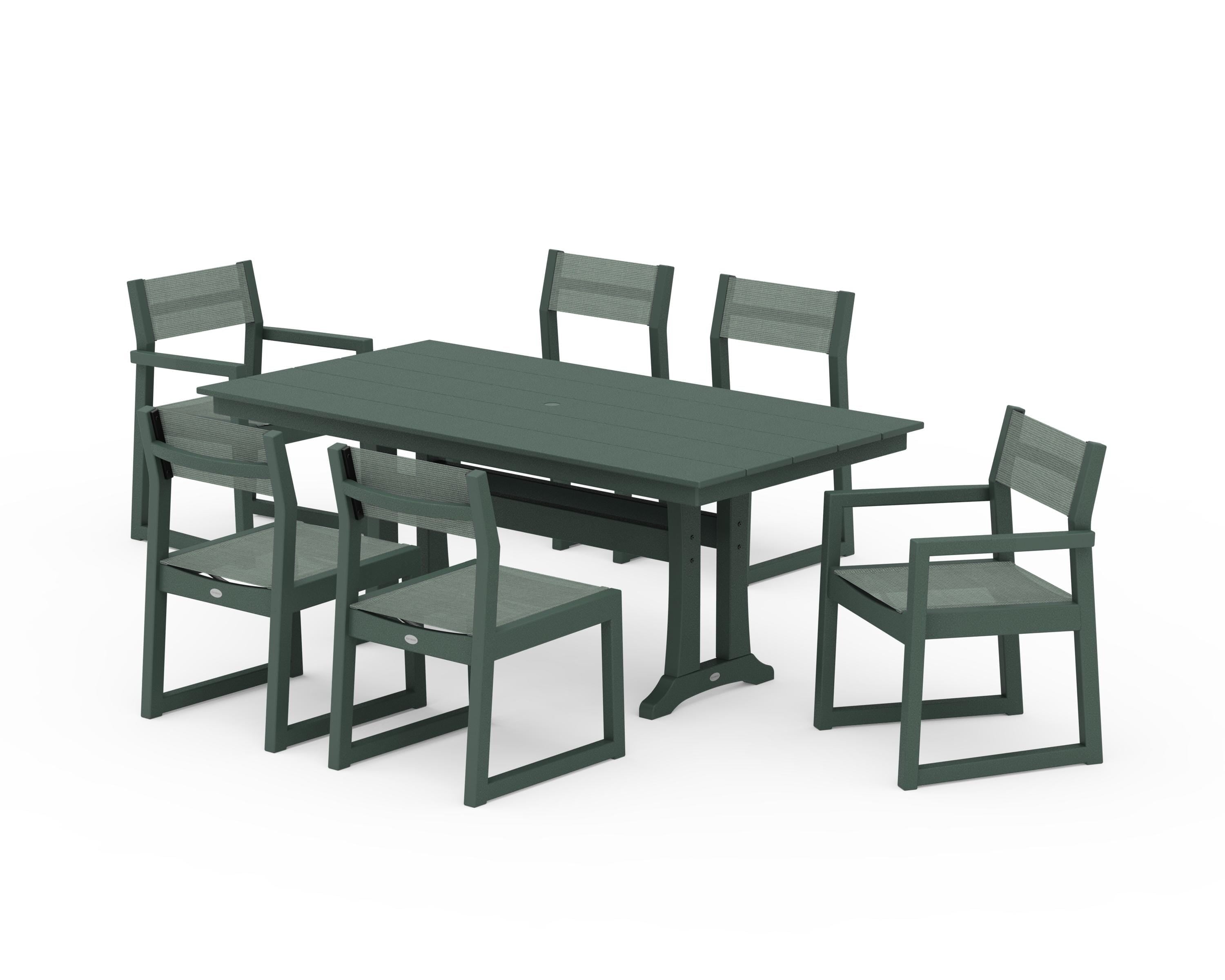 POLYWOOD EDGE Sling 7-Piece Farmhouse Trestle Dining Set in Green / Dupioni Sea Mist Sling