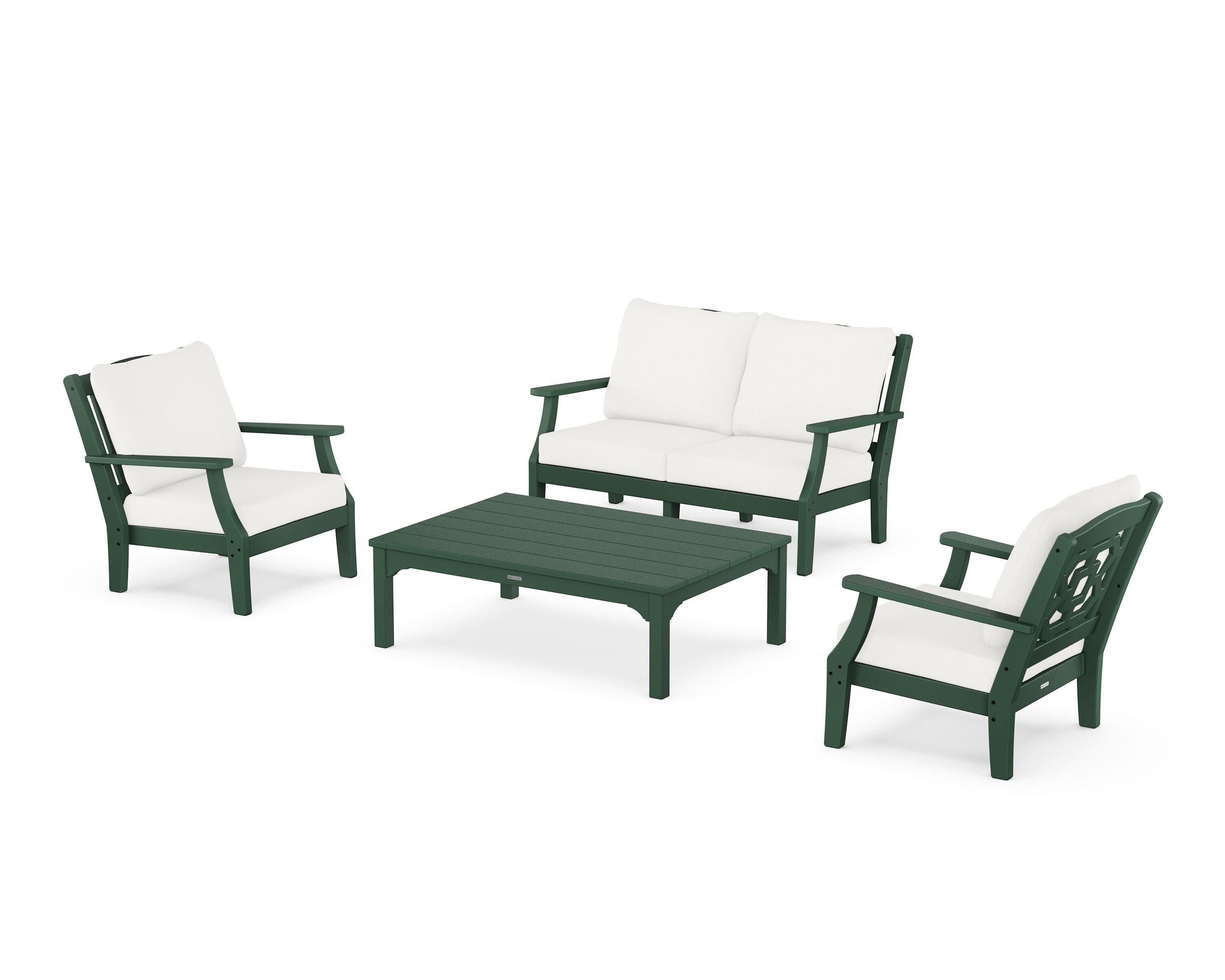 Martha Stewart by POLYWOOD Chinoiserie 4-Piece Deep Seating Set with Loveseat in Green / Natural Linen