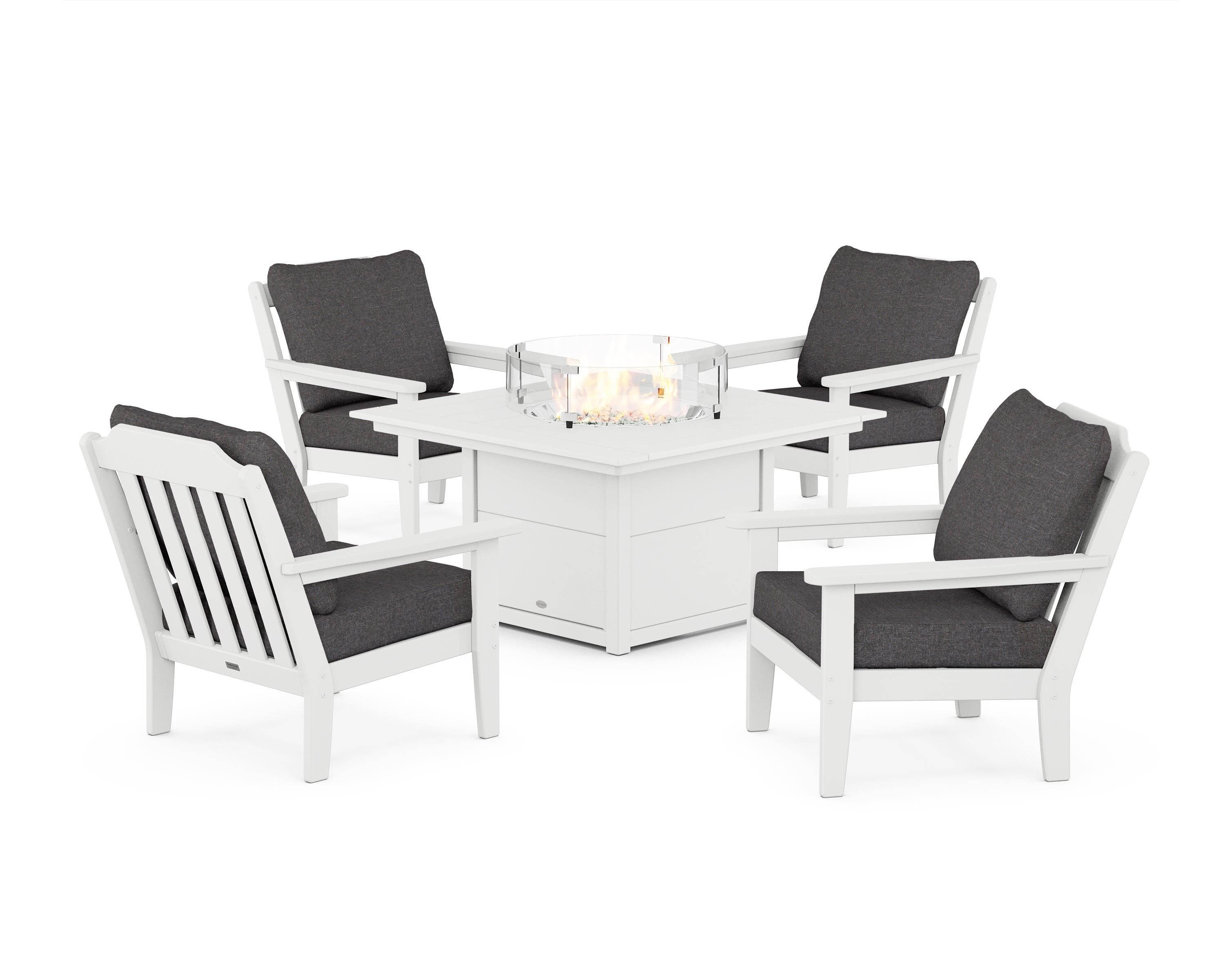 Country Living Cottage 5-Piece Deep Seating Set with Fire Pit Table in White / Ash Charcoal