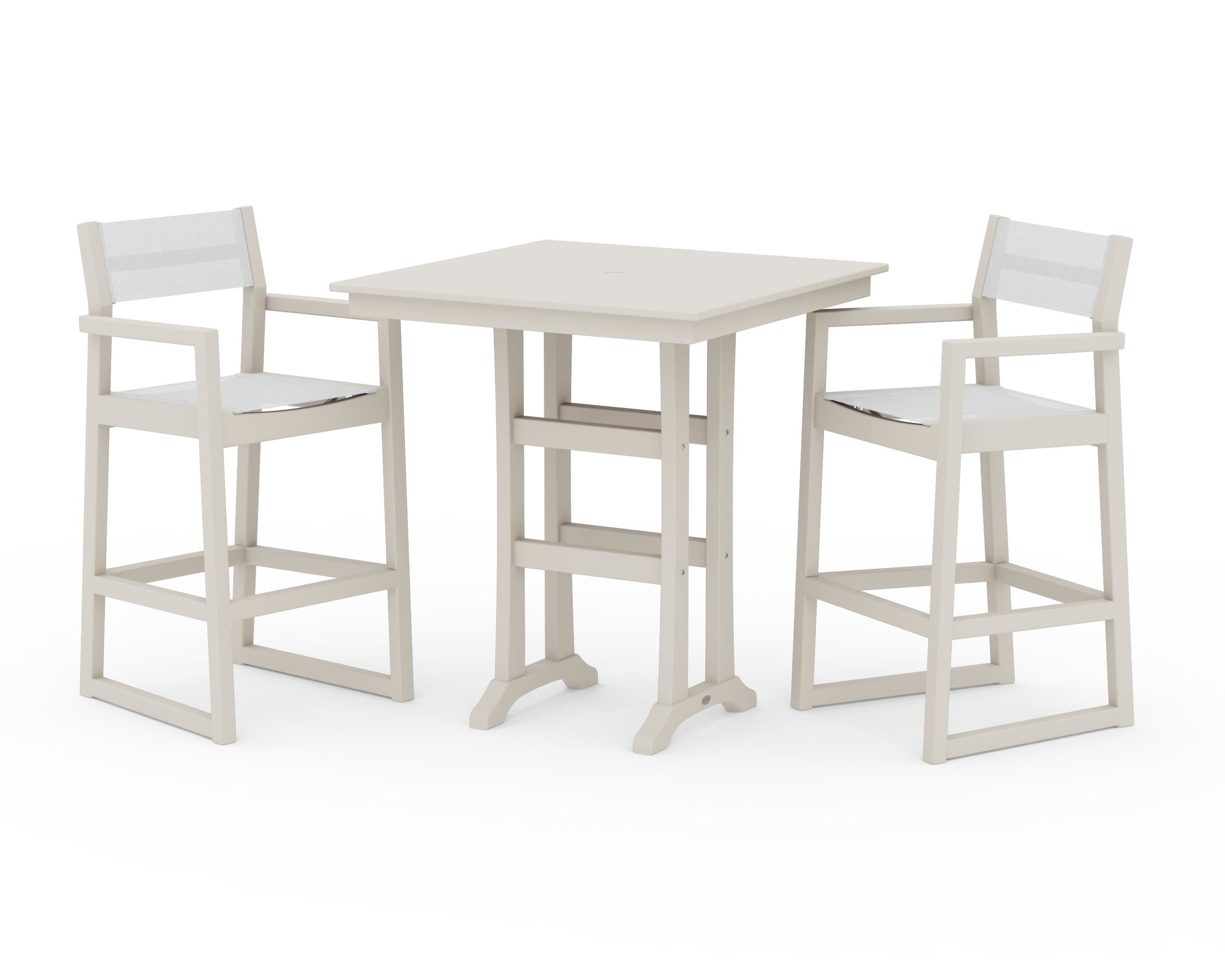POLYWOOD EDGE Sling Arm Chair 3-Piece Farmhouse Bar Set with Trestle Legs in Sand / White Sling