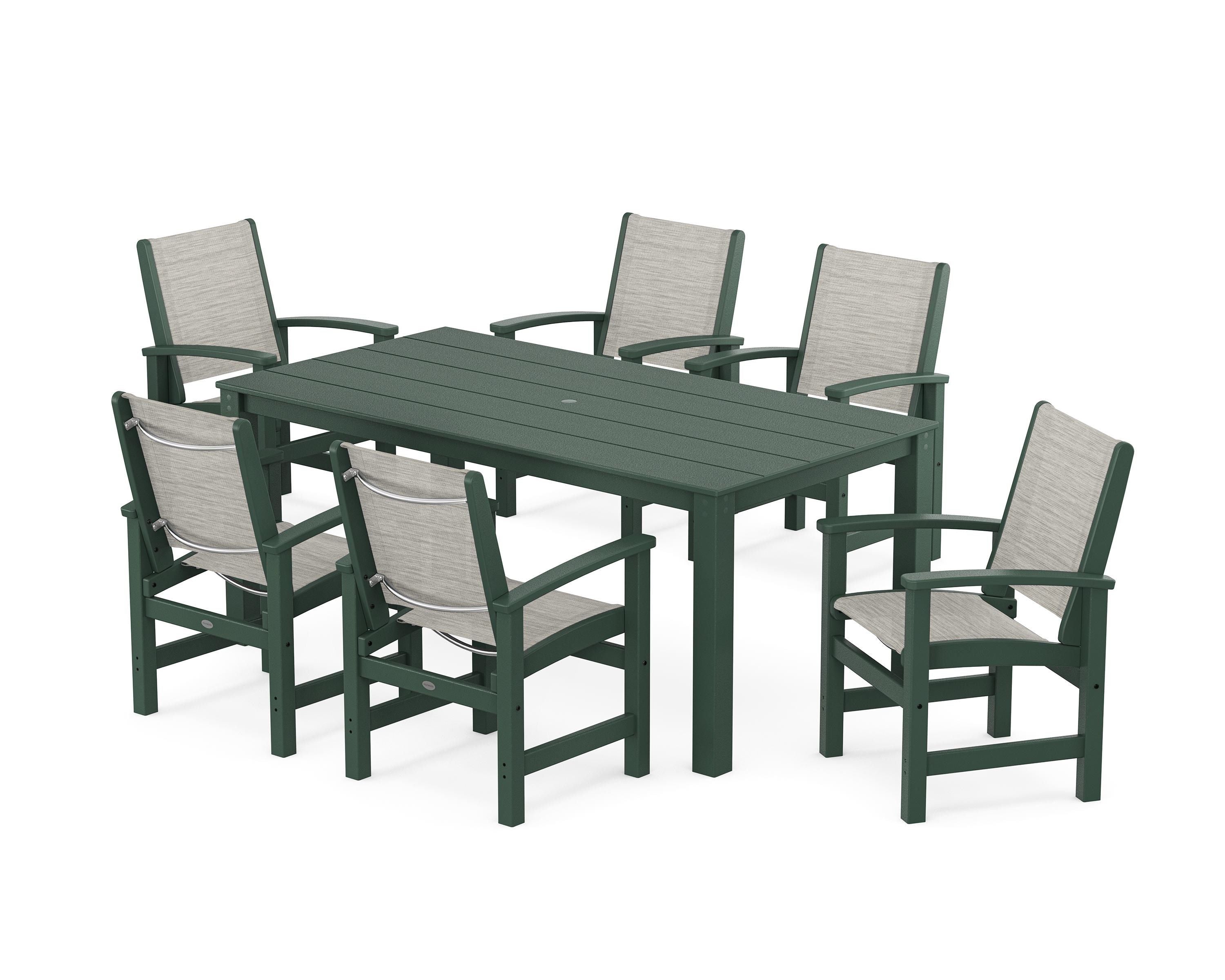 POLYWOOD Coastal 7-Piece Parsons Dining Set in Green / Birch Sling