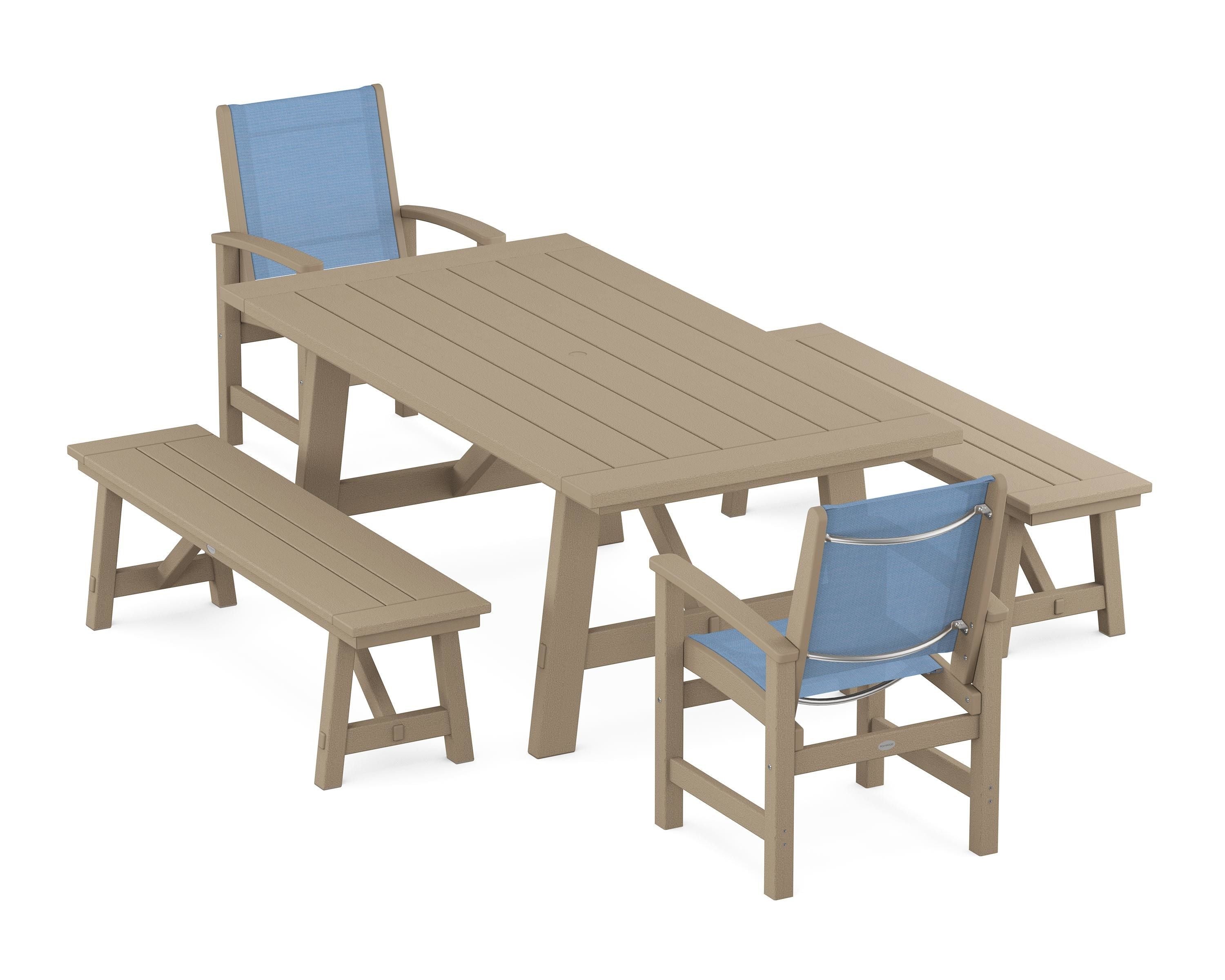 POLYWOOD Coastal 5-Piece Rustic Farmhouse Dining Set With Benches in Vintage Sahara / Poolside Sling