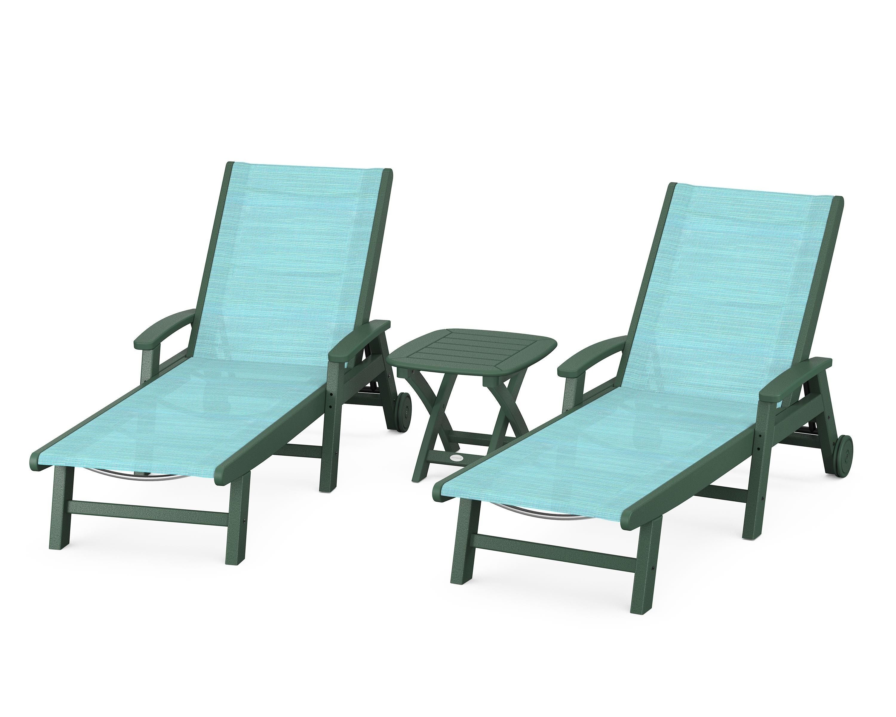 POLYWOOD Coastal 3-Piece Wheeled Chaise Set in Green / Dupioni Aquamarine Sling