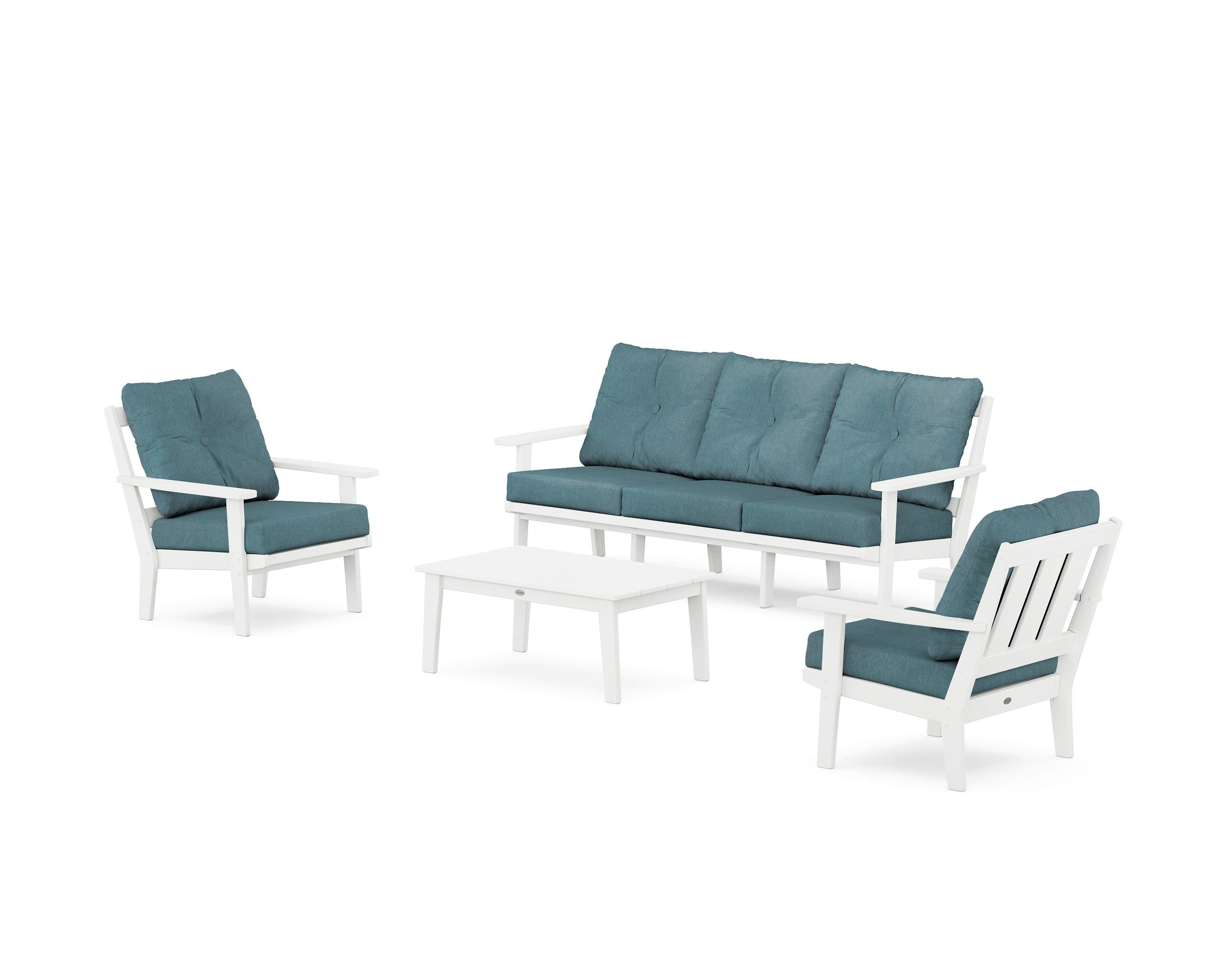 POLYWOOD Oxford 4-Piece Deep Seating Set with Sofa in White / Ocean Teal