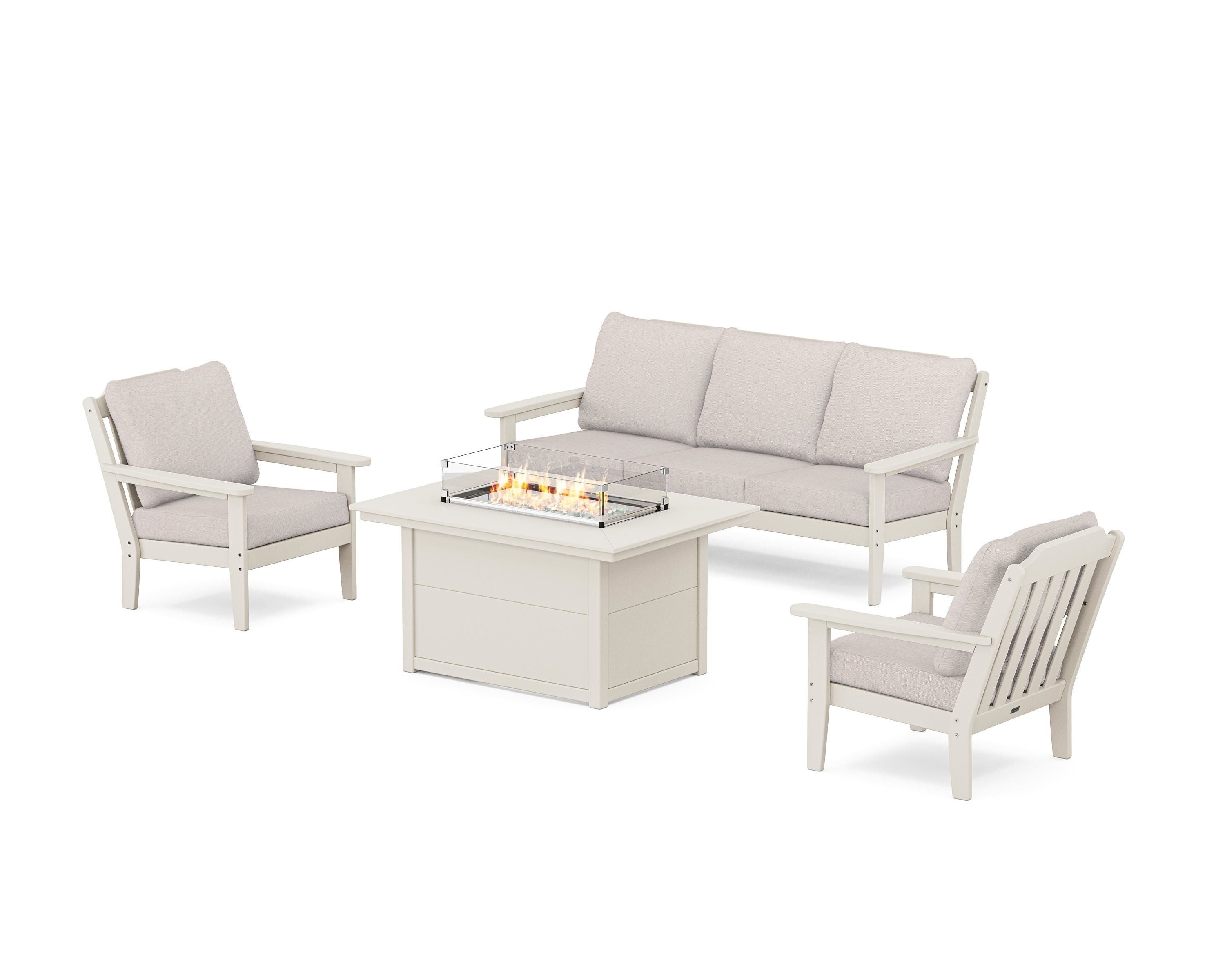 Country Living Cottage Deep Seating Fire Pit Table Set in Sand / Dune Burlap